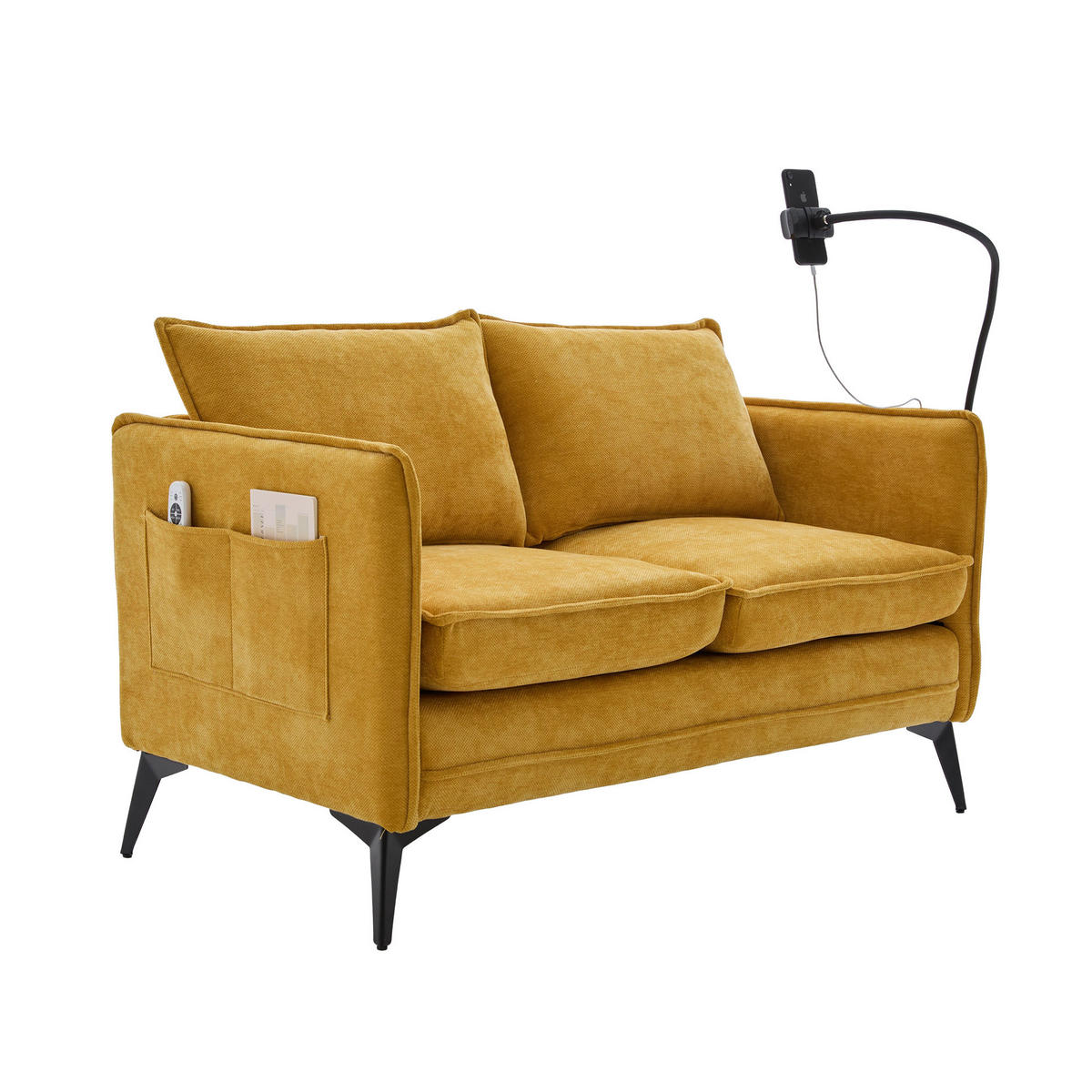 SOFA 2-Sitzer mit Handyhalterung und Ablagefächern Chenille Gelb 127/69/66 cm - Gelb, Textil (127/66/69cm) - OKWISH