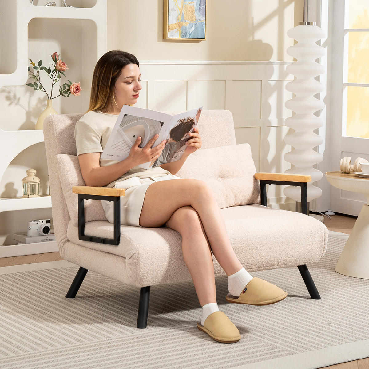 SCHLAFSOFA, Zweisitzer mit Bettfunktion, Schlafcouch mit Samtoptik, Rückenkissen - Beige/Schwarz, Holz/Textil (73/81/102cm) - HOMCOM