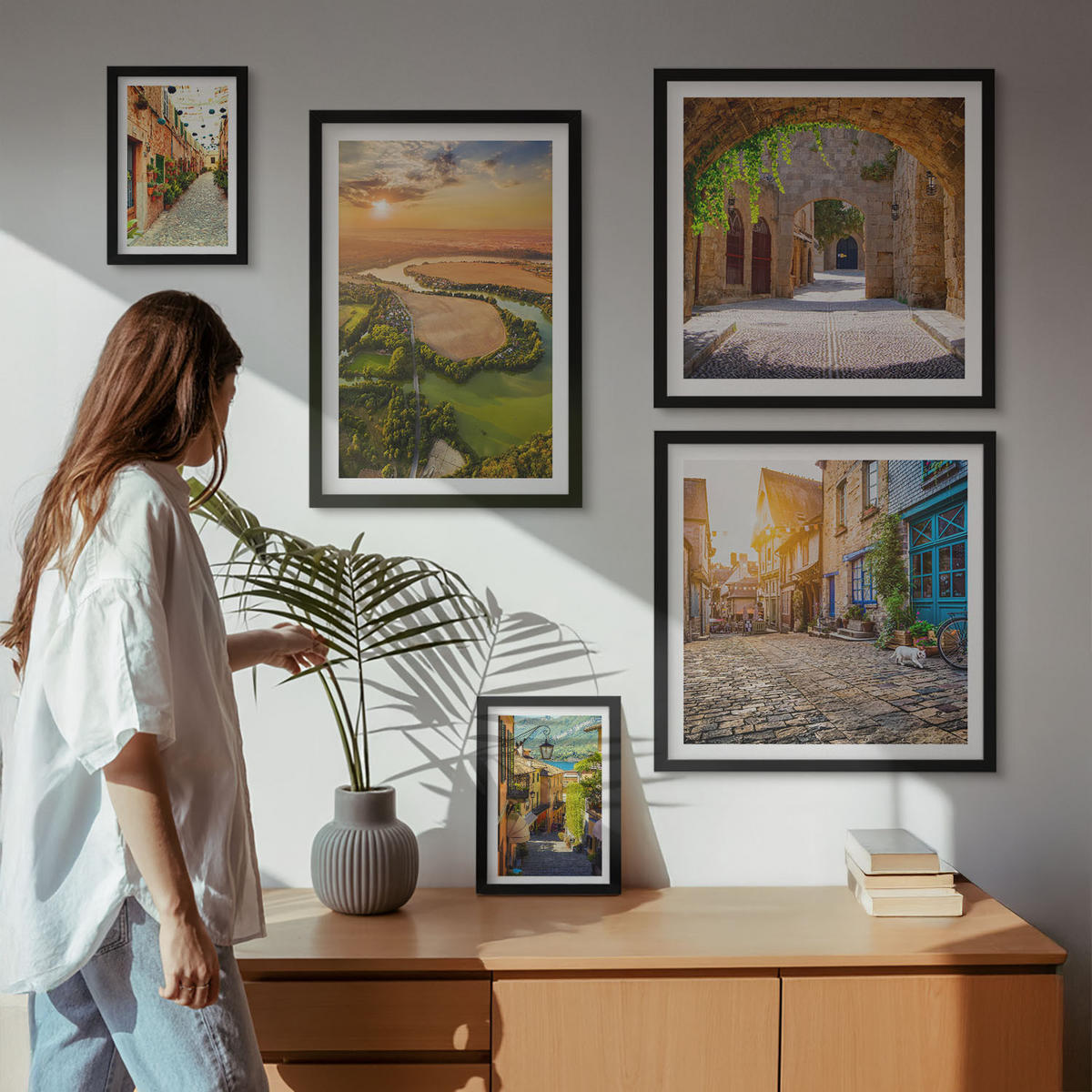 BILDER SET 5er Set - 50x50 cm & 20x30 cm & 40x60 cm Schwarzer Rahmen - Sommerlandschaften im Boho-Stil - Schwarz, Kunststoff (40/60cm) - TULUP