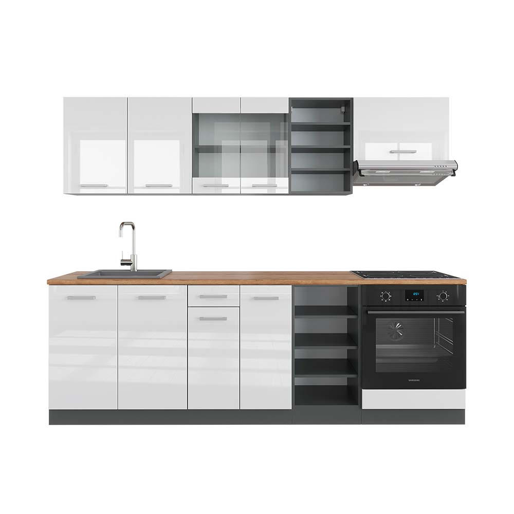 KÜCHENZEILE R-Line Weiß Hochglanz/Anthrazit 240 cm, AP Eiche - Weiß Hochglanz/Anthrazit, Holzwerkstoff (240/81.6/60cm) - Vicco