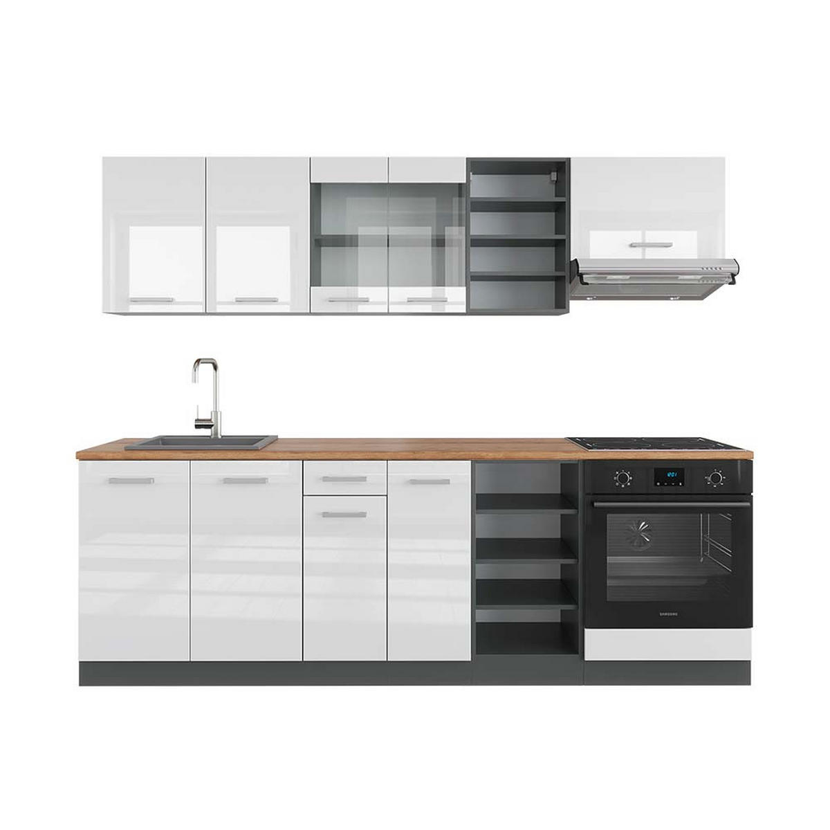 KÜCHENZEILE R-Line Weiß Hochglanz/Anthrazit 240 cm, AP Eiche - Weiß Hochglanz/Anthrazit, Holzwerkstoff (240/81.6/60cm) - Vicco