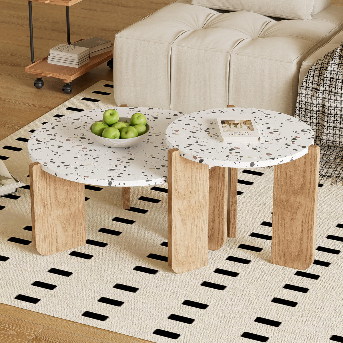 COUCHTISCH-SET Holzoptik, rund und ineinander schiebbar - Weiß, Metall (70/70/35cm)