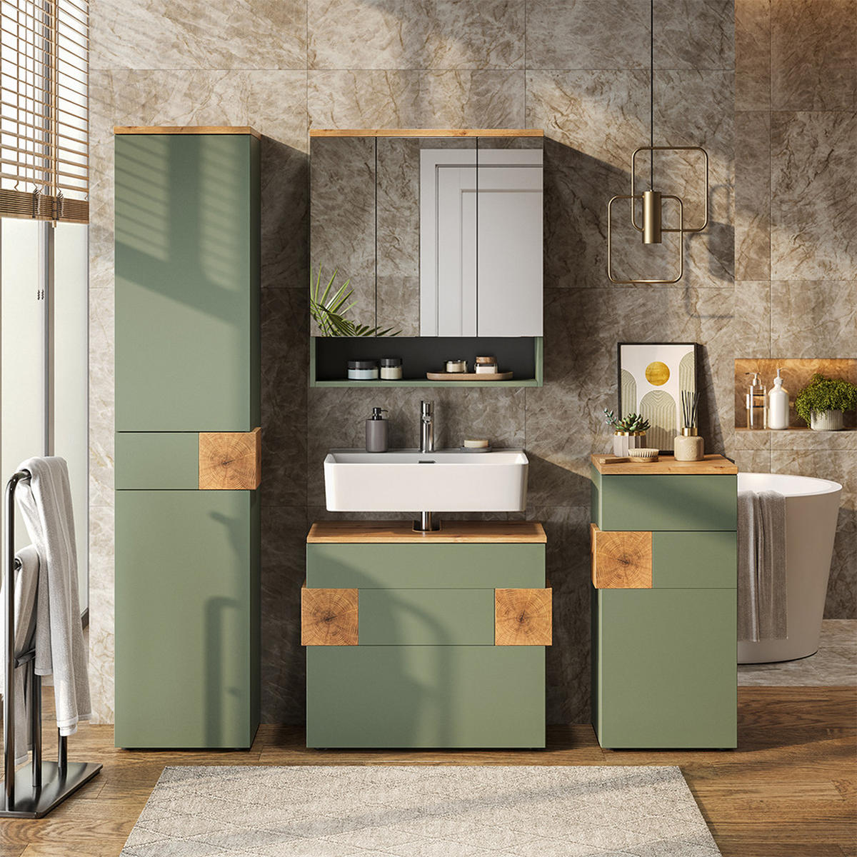 BADMÖBEL-SET Eden Grün 4 Teile - Grün, Holzwerkstoff (70/64.5/37cm) - Vicco