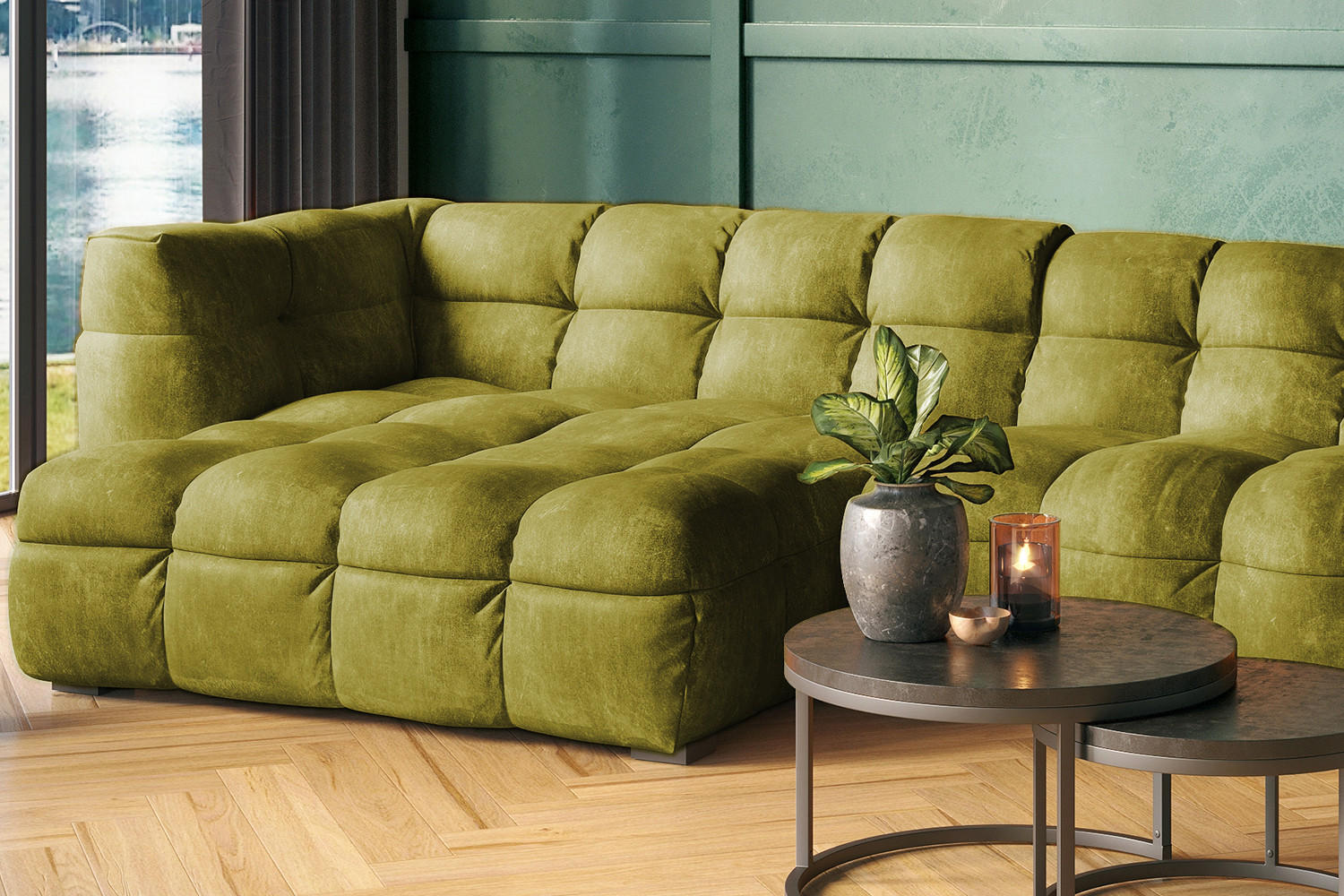 ECKSOFA RIO Grün Velvet - Schwarz/Grün, Textil (319/170cm) - KAWOLA