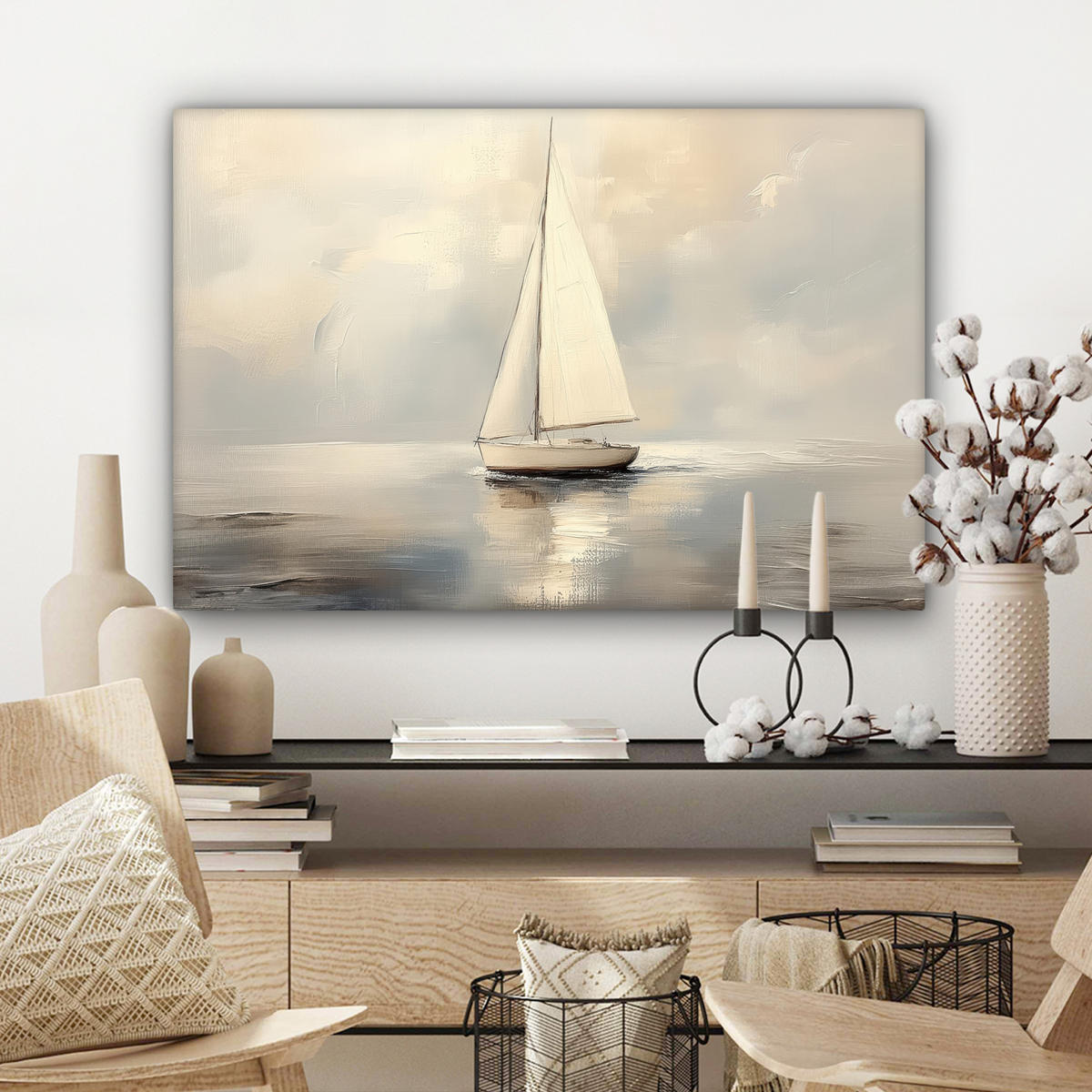 LEINWANDBILD Segelschiff - Meer - Bewölkt Wanddeko 90x60 cm - Creme, Textil (90/60cm) - MuchoWow