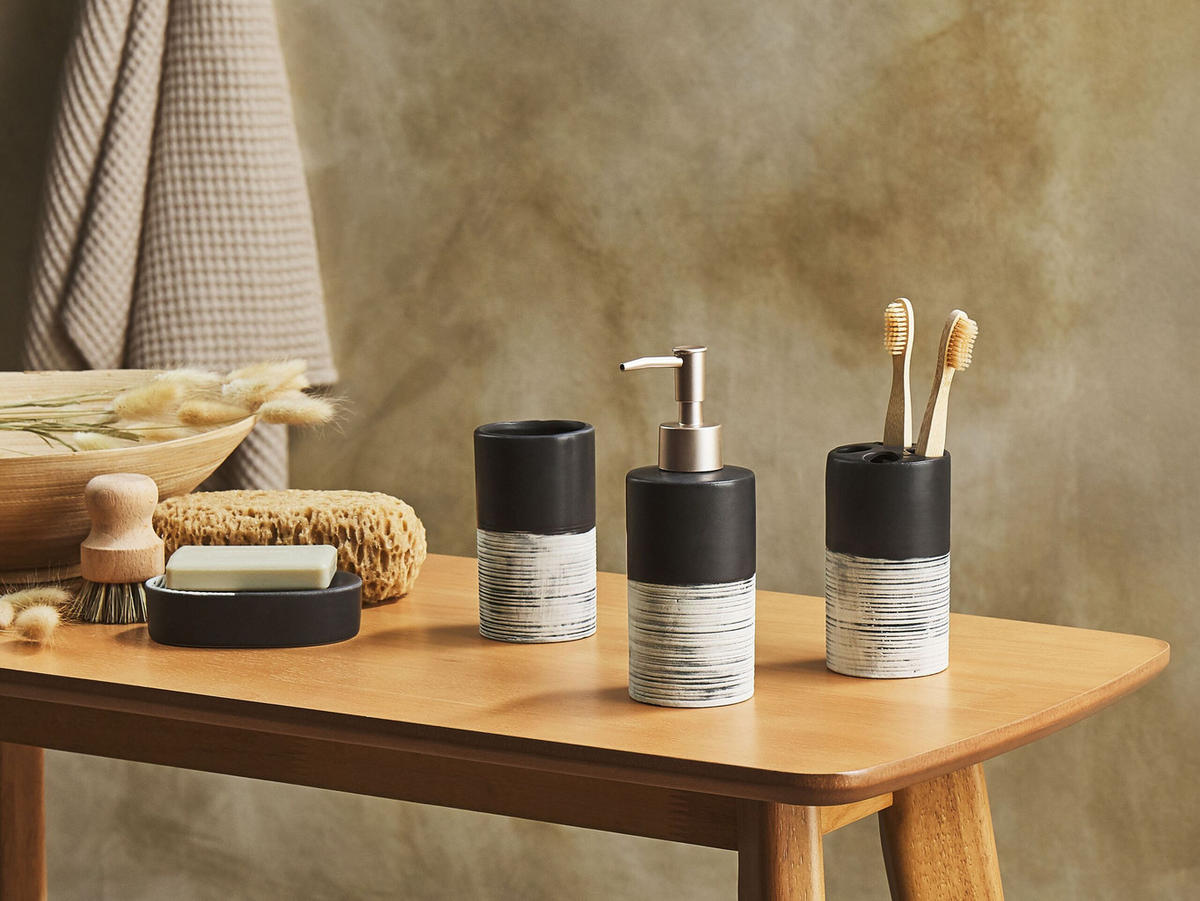 BADEZIMMER Set 4-teilig Keramik schwarz/beige Coro - Beige/Schwarz, Stein (9/19/13cm) - Beliani