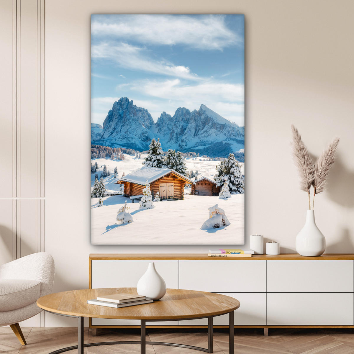 LEINWANDBILD Winter - Hütte - Berge - Aussicht - Schnee Deko XXL 80x120 cm - Eichefarben, Textil (80/120cm) - MuchoWow