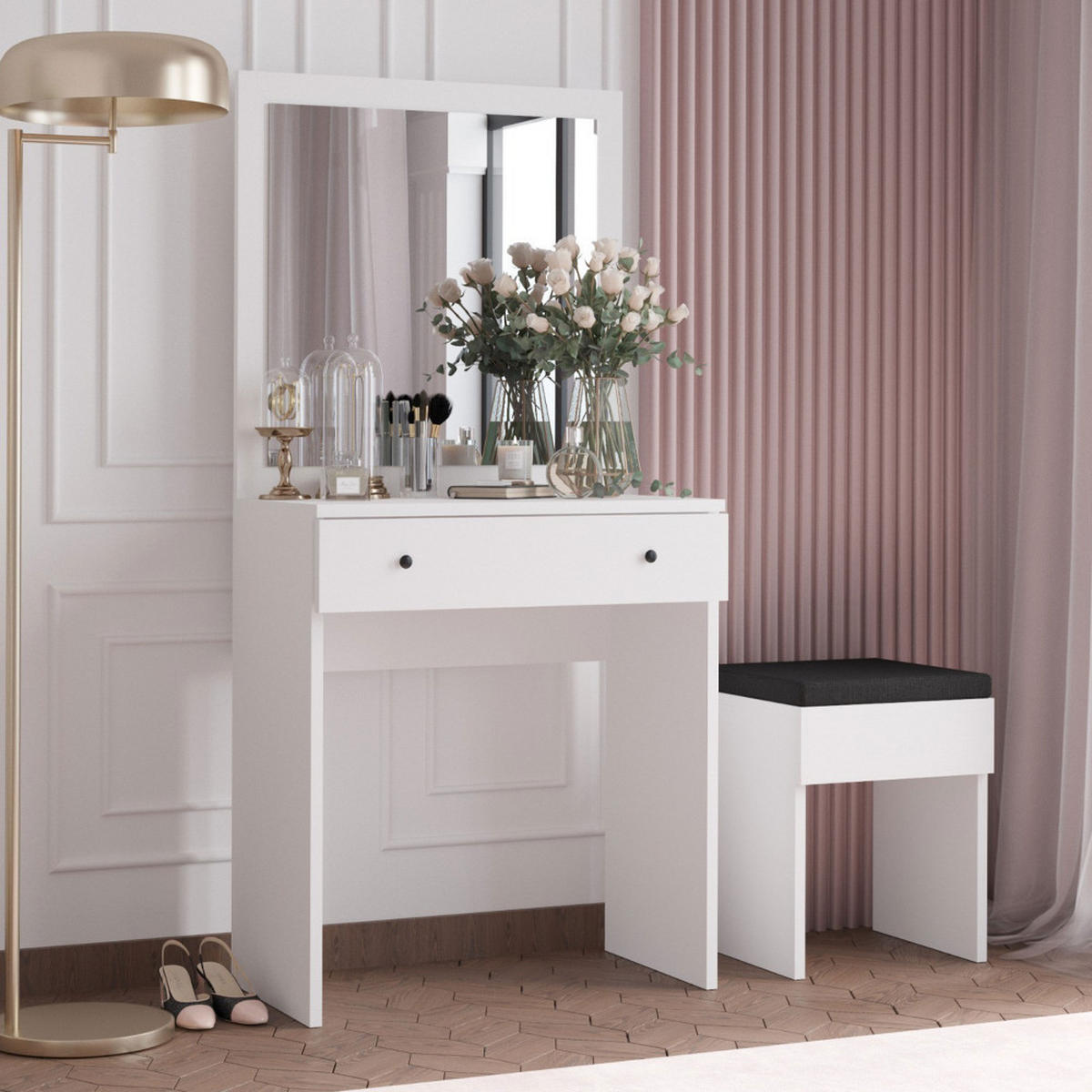 FRISIERTISCH mit 1 Schublade, Spiegel und Holzhocker - Liss - Weiss - Weiß, Holz (65/139/35cm) - Drawer