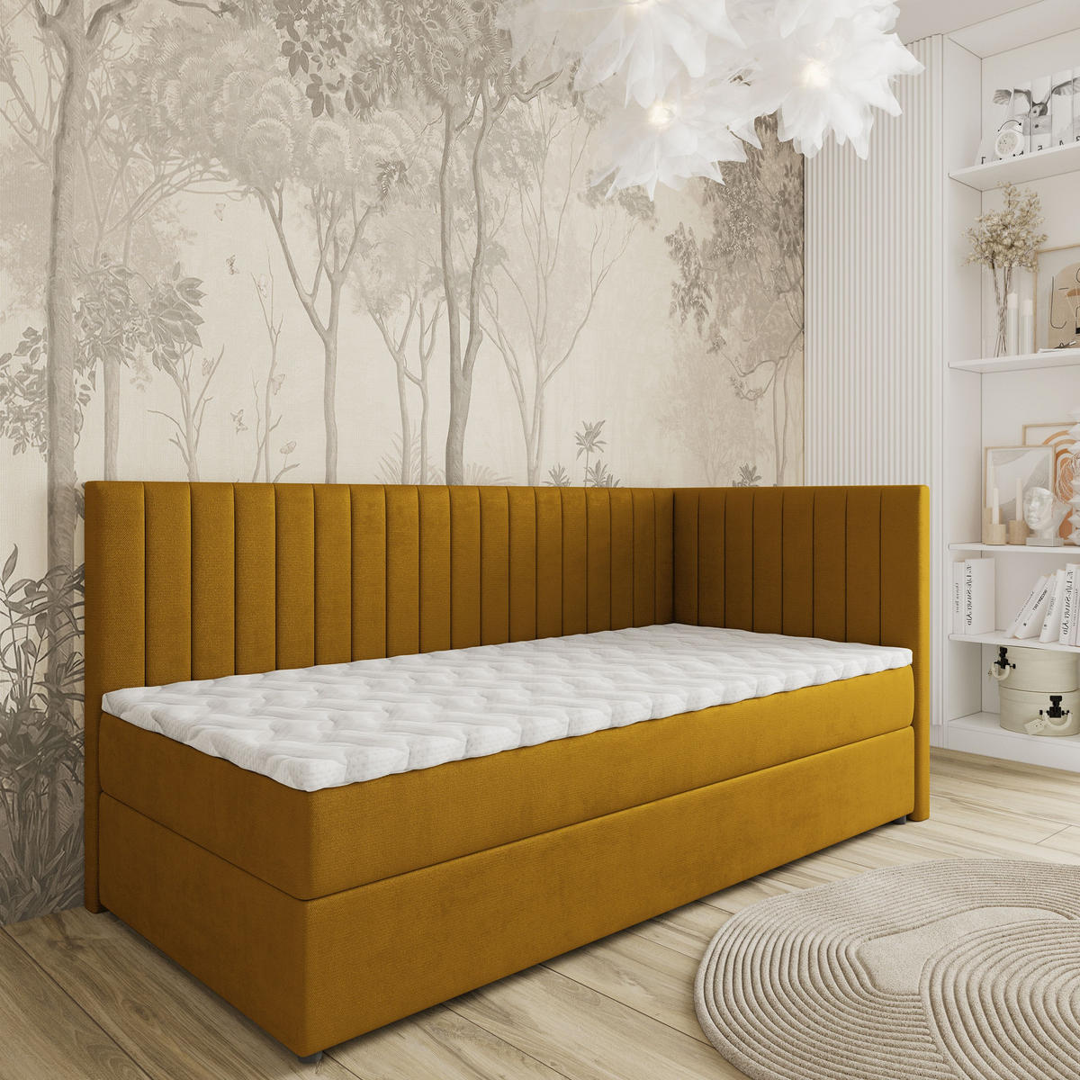 BOXBETT ARIS 100x200 cm mit Matratze und Topper, H2+H3 - Gelb - Gelb, Holz (100/200cm) - MASSENO