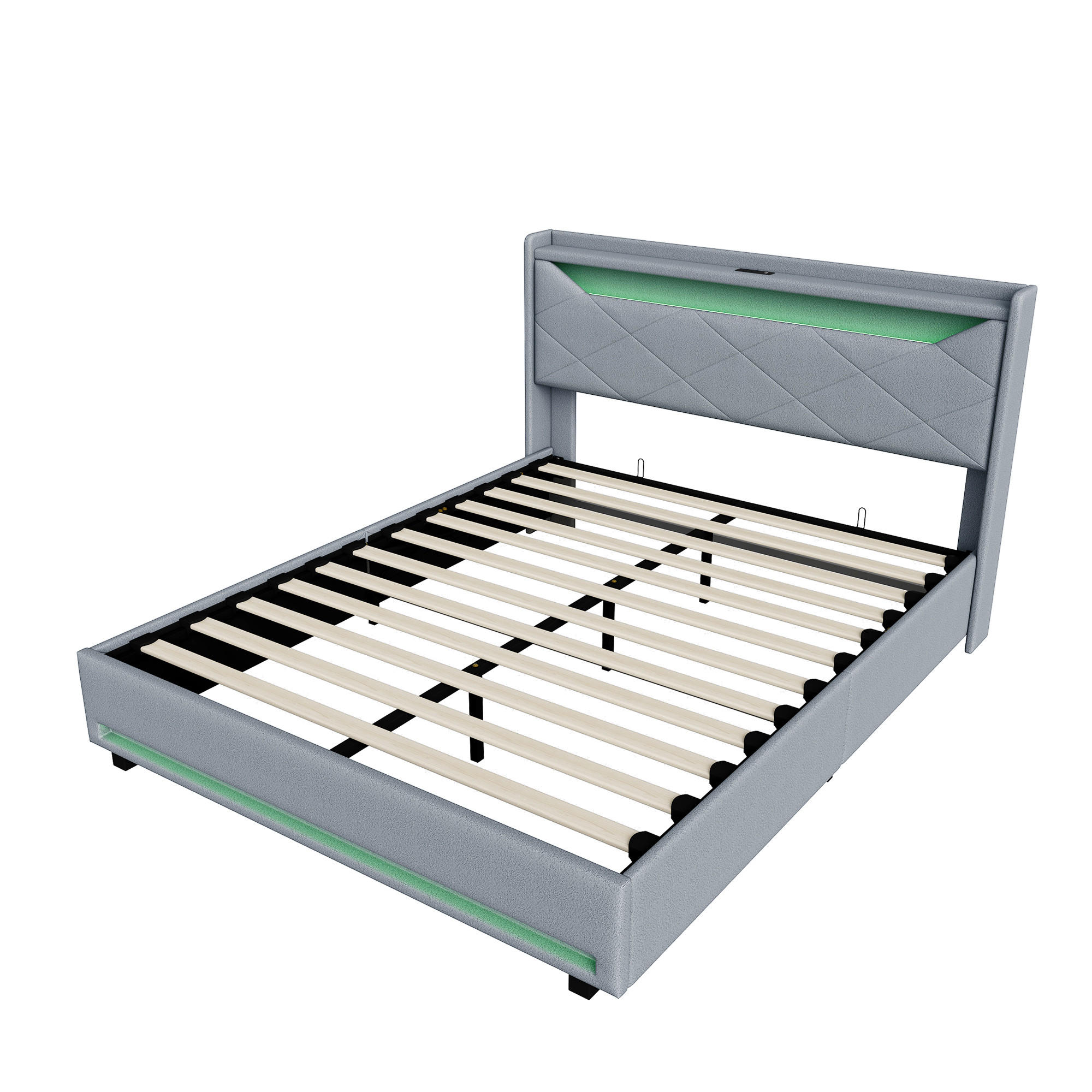 POLSTERBETT 140x200 cm mit LED, USB-Anschluss, Bettkasten und Stauraum-Kopfteil, Grau - Grau, Holz (160/200cm)