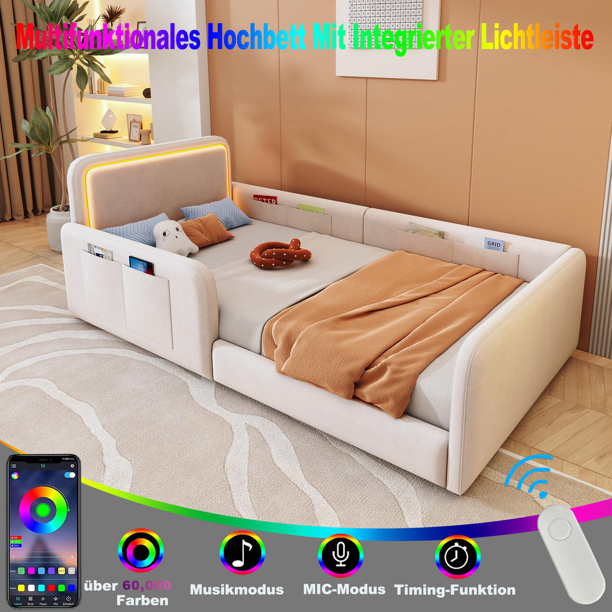 BETT 90/200 cm in Beige mit LED, Aufbewahrungstaschen, Samt und gepolstertem Design - Beige, Holzwerkstoff/Textil - STILVORA