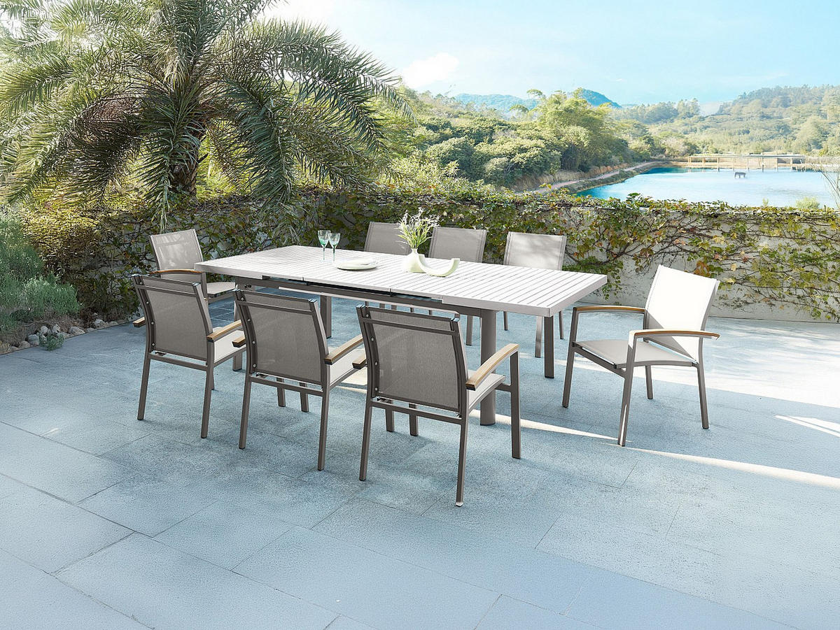 GARTENSESSEL 2er Set - stapelbar - Aluminium & Textilene - Taupe & Armlehnen Akazie - TAIPIVAI von MYLIA - Braun, Metall - Vente-Unique