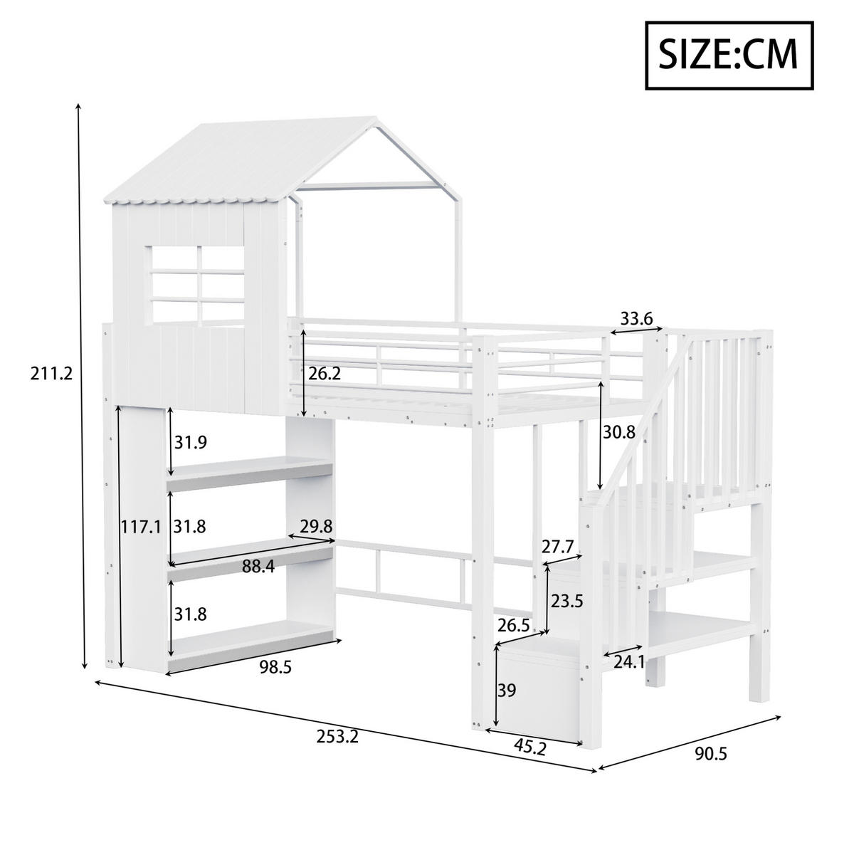 HOCHBETT 90/200 cm aus Metall und MDF mit Stauraumtreppe, Regal und Freiraum unter dem Bett, Weiß - Weiß, Metall (90/200cm) - Redom