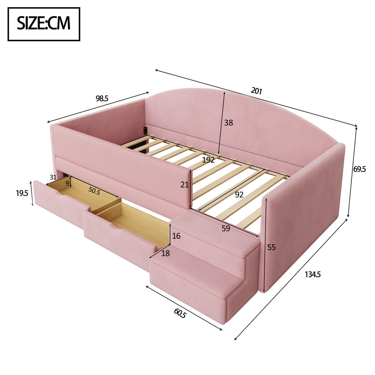 POLSTERBETT 90/190 cm aus Samt mit Schubladen und Stufen, Rosa - Pink, Textil (90/190cm) - OKMYHOME