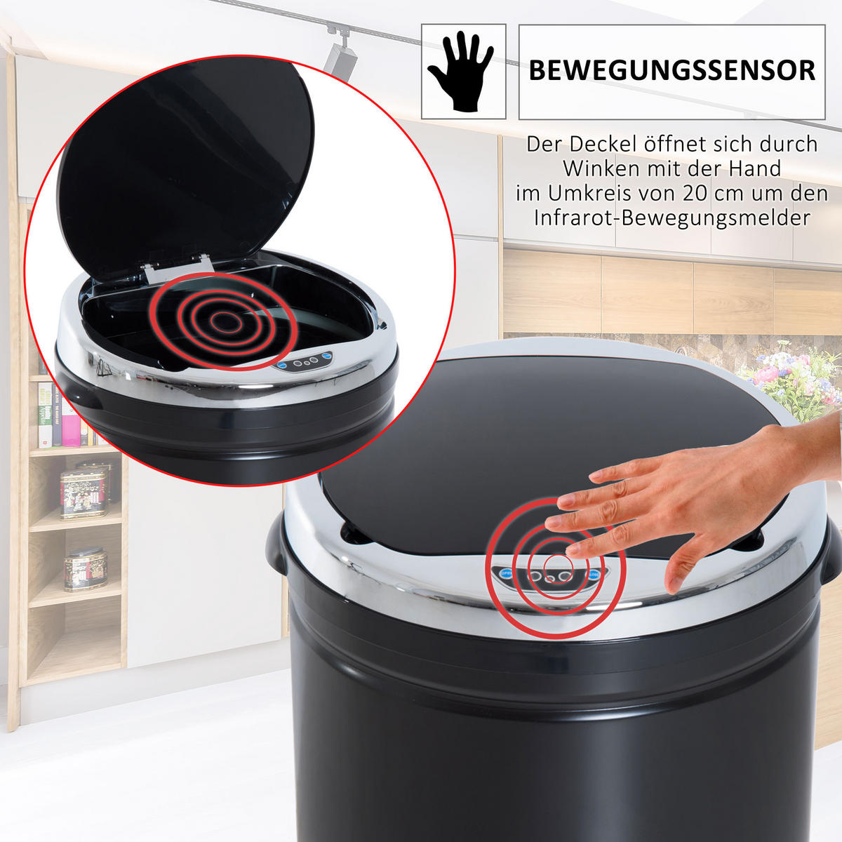 SENSOR Mülleimer 50L Automatischer Abfalleimer für Wohnzimmer, Büro, Schwarz - Schwarz, Metall (30.5/81.5/30.5cm) - HOMCOM