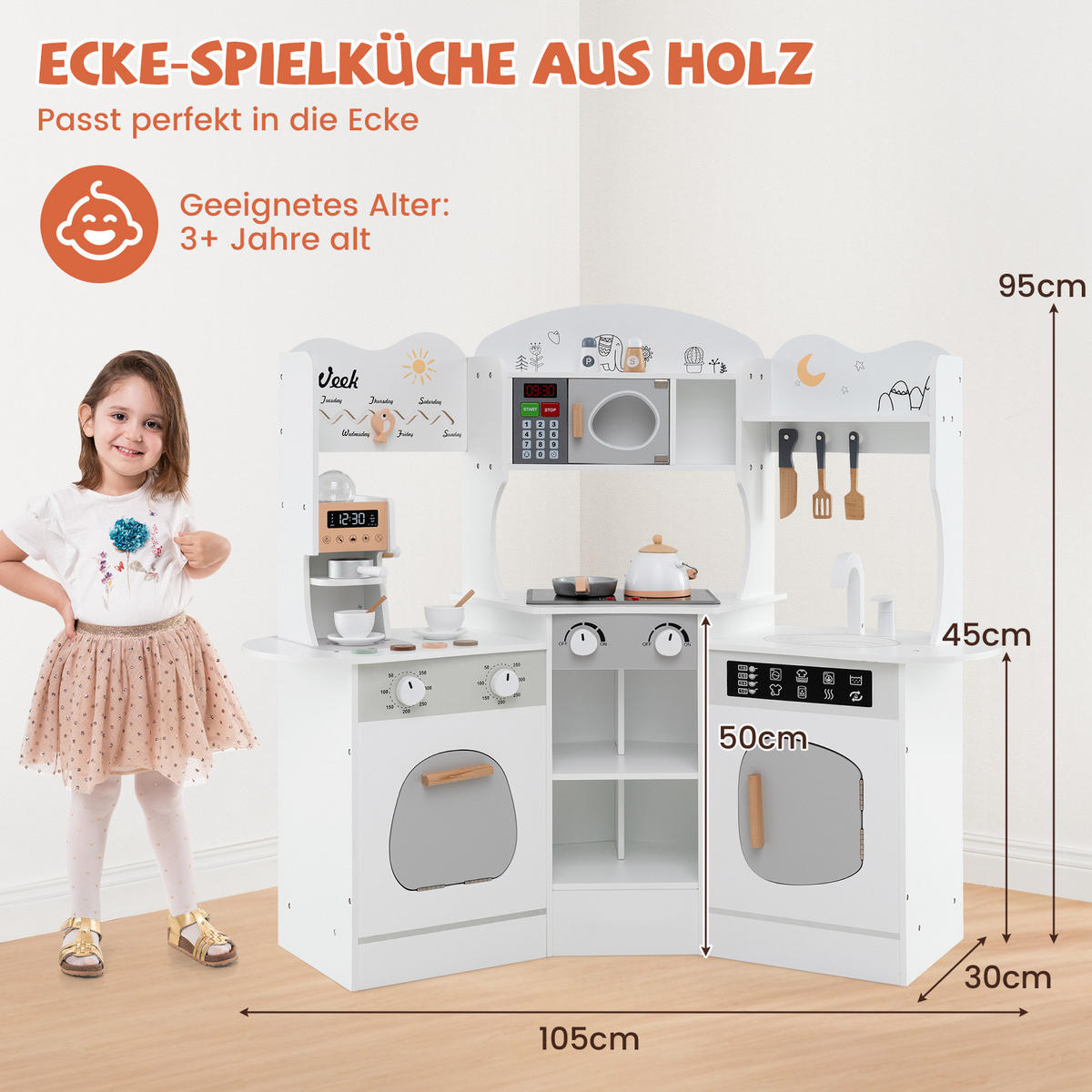 ECK-SPIELKÜCHE Weiß - Weiß, Holzwerkstoff (30/95/105cm) - COSTWAY