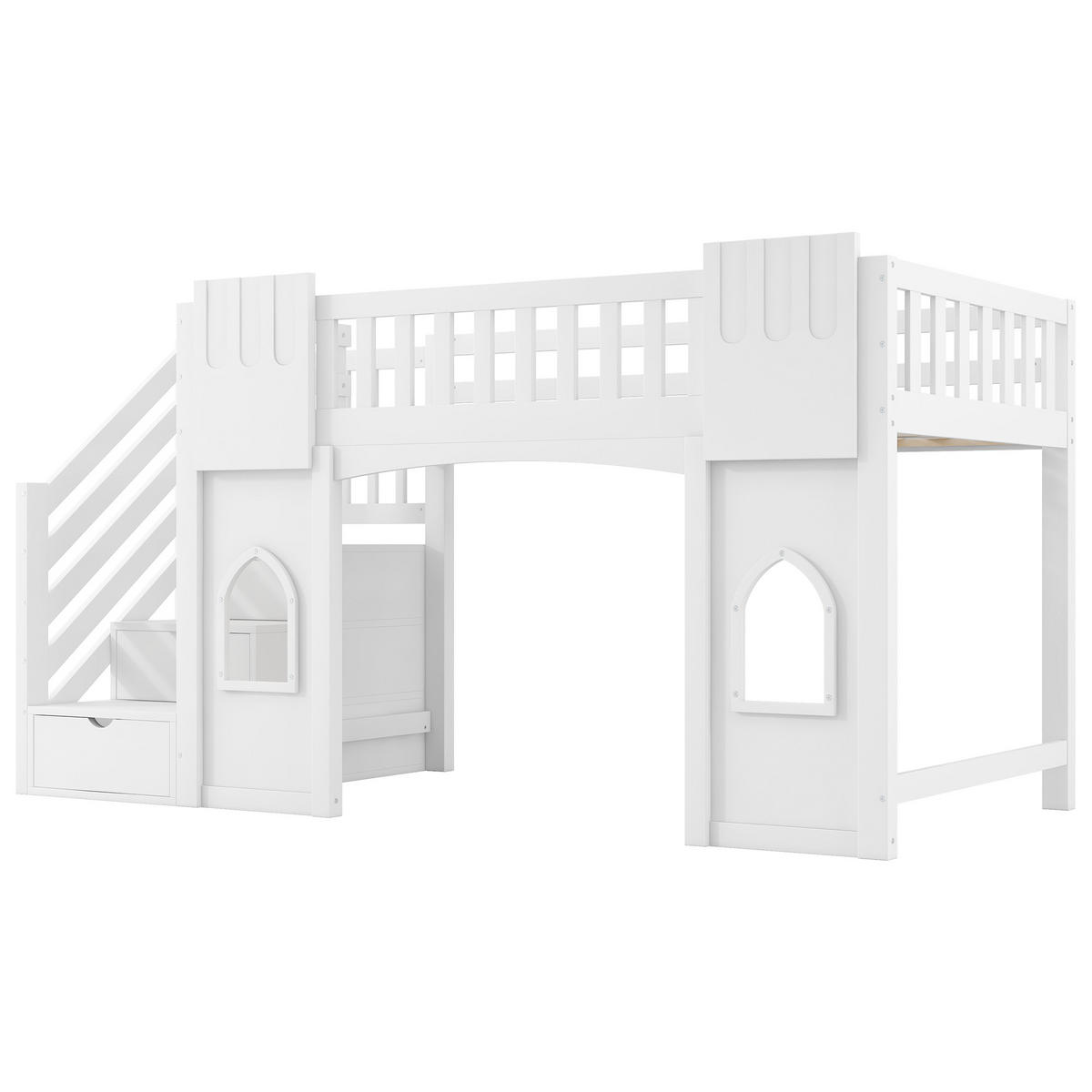 KINDERHOCHBETT 90x200 mit Stauraumtreppe, Fenster, Geländer, Holzrahmen und MDF, platzsparend, weiß - Weiß, Holzwerkstoff (90/200cm) - Luhomfu