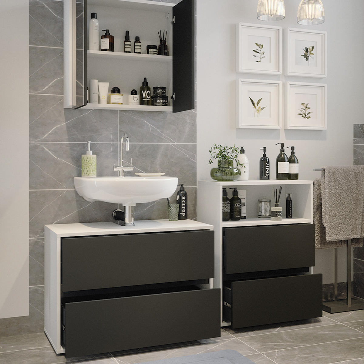 BADEZIMMER-SET Maltin Weiß/Anthrazit 3 Teile - Anthrazit/Weiß, Holzwerkstoff (80/58/40cm) - Vicco