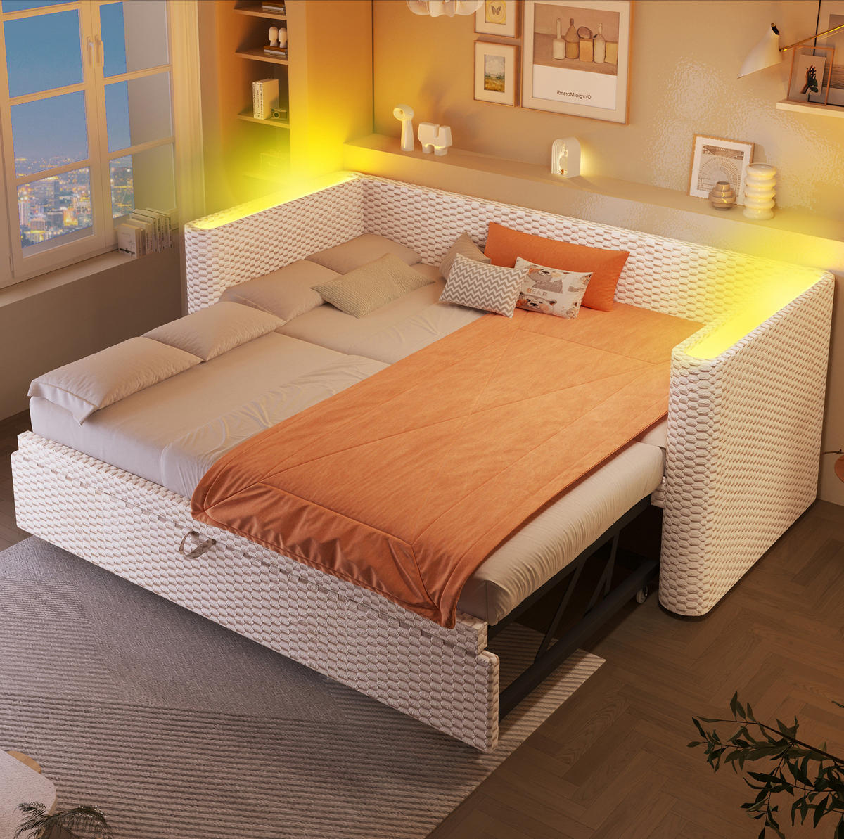 AUSZIEHBETT 90/180 x 200 cm aus Samt in Beige mit LED-Beleuchtung - Beige, Textil (90/200cm) - Flora Grace