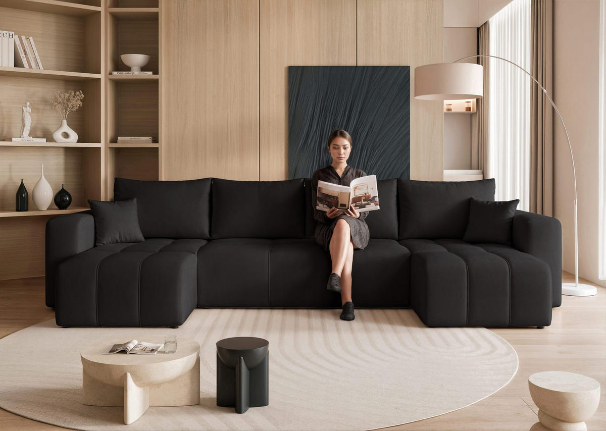 WOHNLANDSCHAFT U-Form Velours mit Bettkasten und Schlaffunktion - Schwarz, Holzwerkstoff/Textil (318/79/145cm) - Idohome