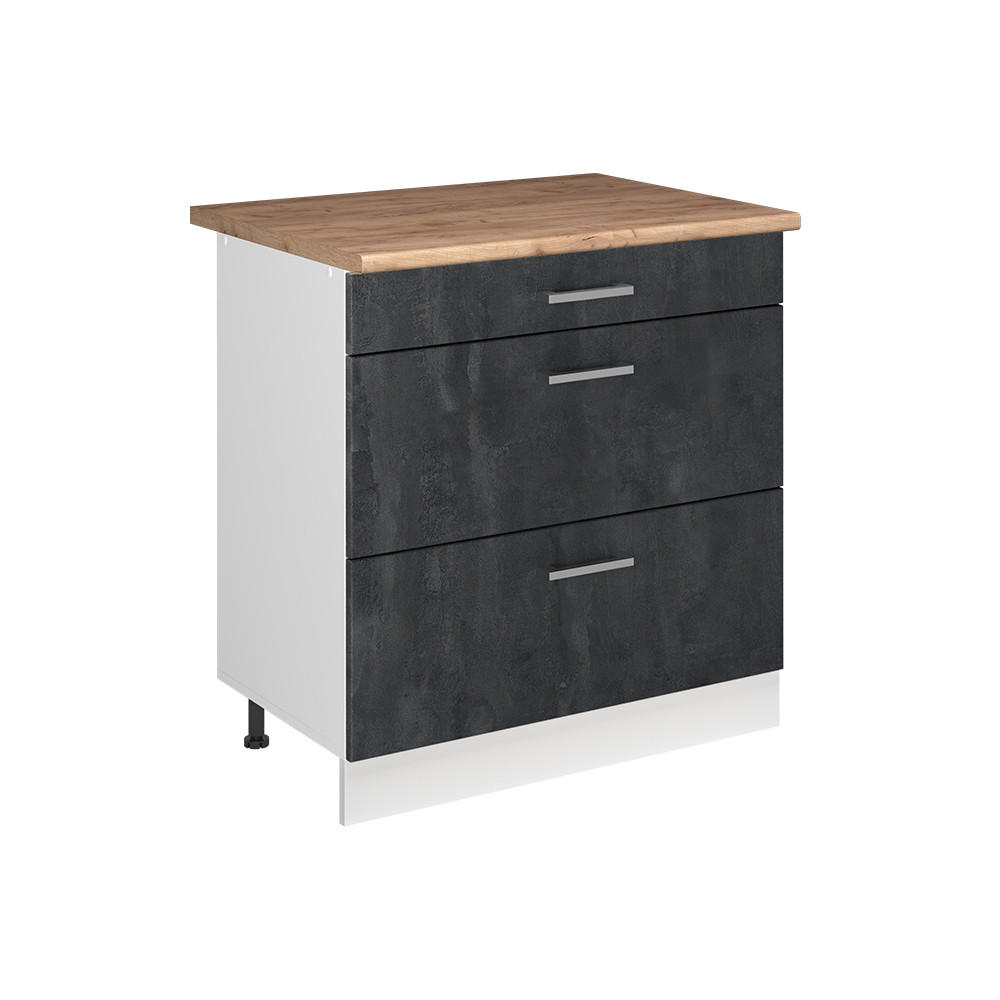 KÜCHENUNTERSCHRANK R-Line, Schwarz Beton/Weiß, 80 cm mit 3 Schubladen Arbeitsplatte Goldkraft Eiche - Schwarz/Weiß, Holzwerkstoff (80/81.6/60cm) - Vicco