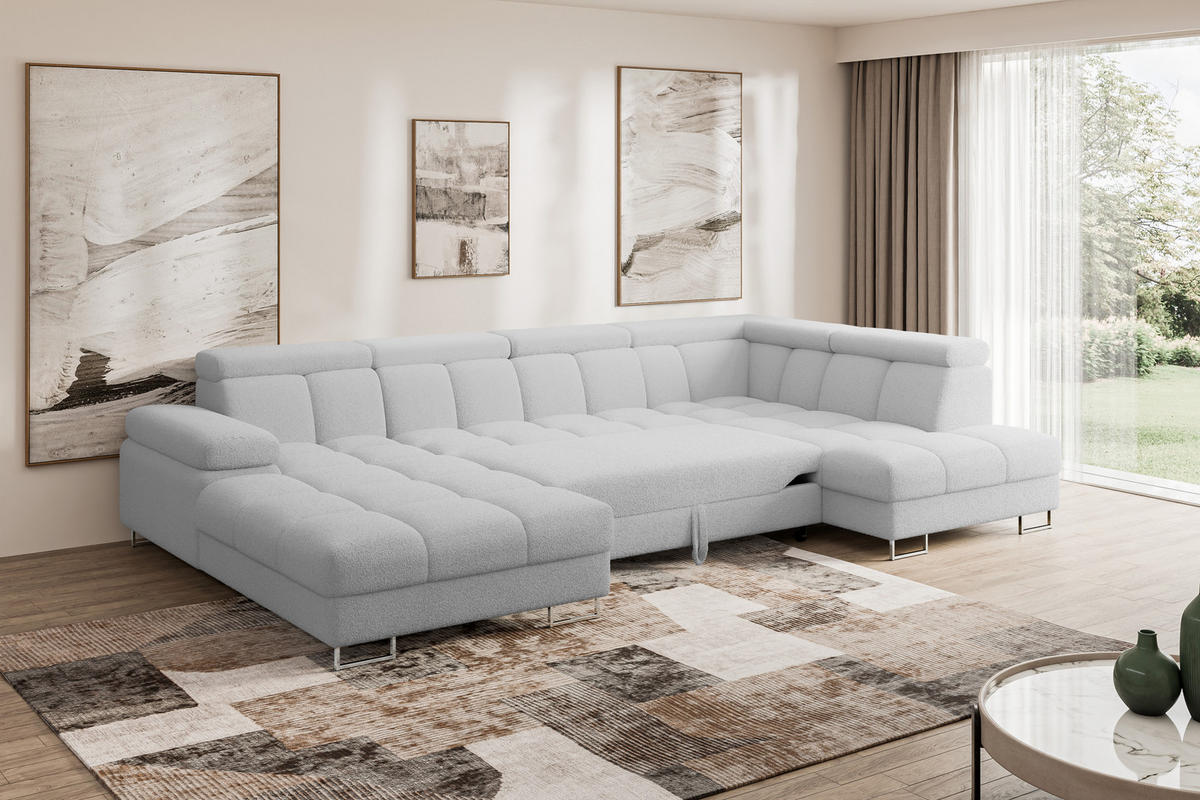 WOHNLANDSCHAFT mit Schlaffunktion und Bettkasten Ottomane RECHTS COMA U 345x203x79 Hellgrau Bouclé - Edelstahlfarben, Holzwerkstoff/Textil (203/79/345cm) - ALTDECOR