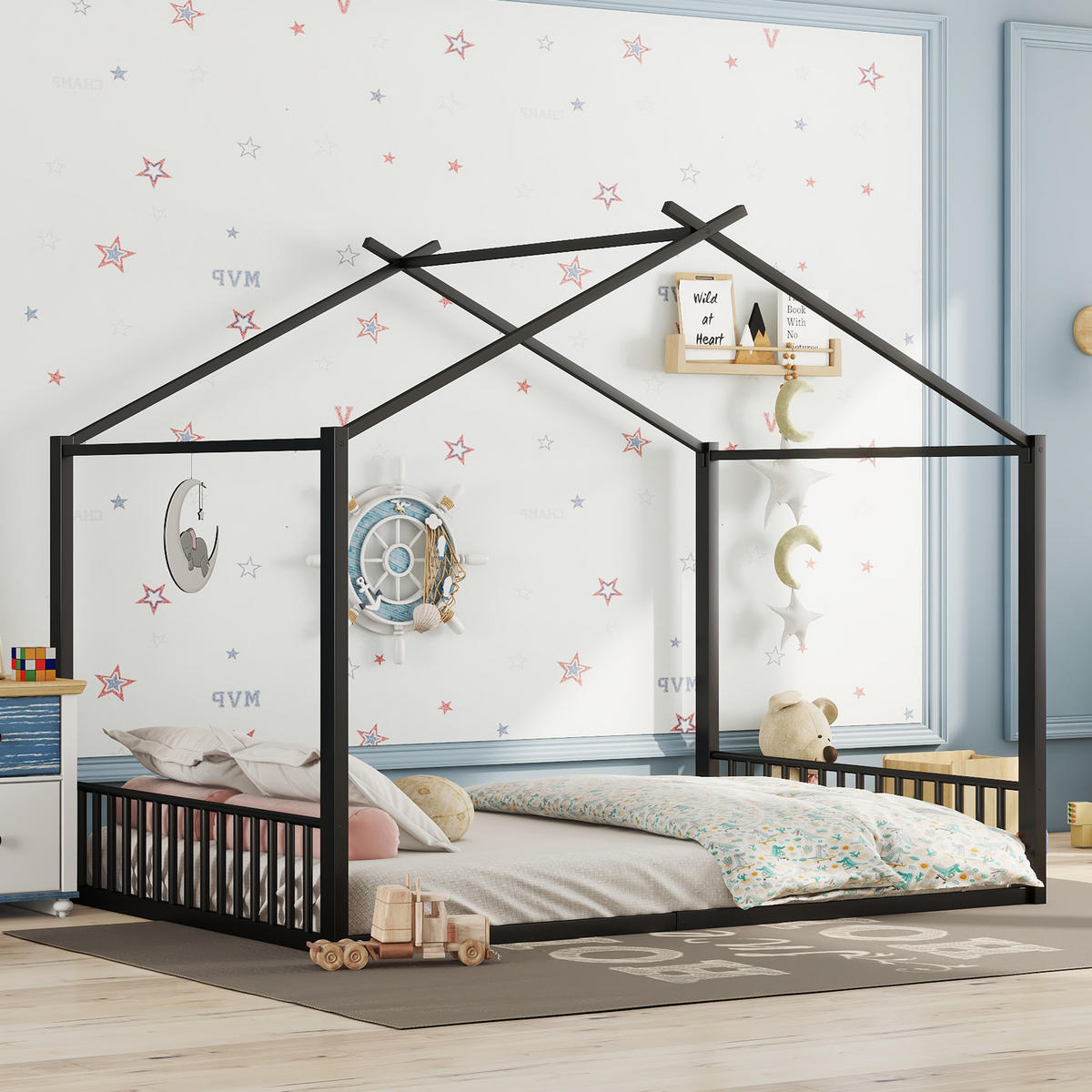 KINDERBETT 140/200 cm Schwarz Metallbett mit Hausform - Schwarz, Metall (140/200cm) - OKWISH