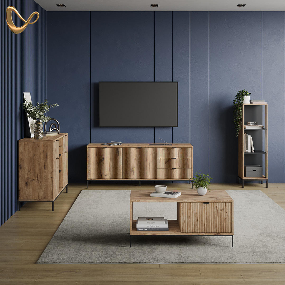 LOWBOARD Aterno Viking Oak 150 x 60 cm mit 3 Schubladen, 2 Türen - Eichefarben, Holzwerkstoff (150/60/42cm) - Livinity®