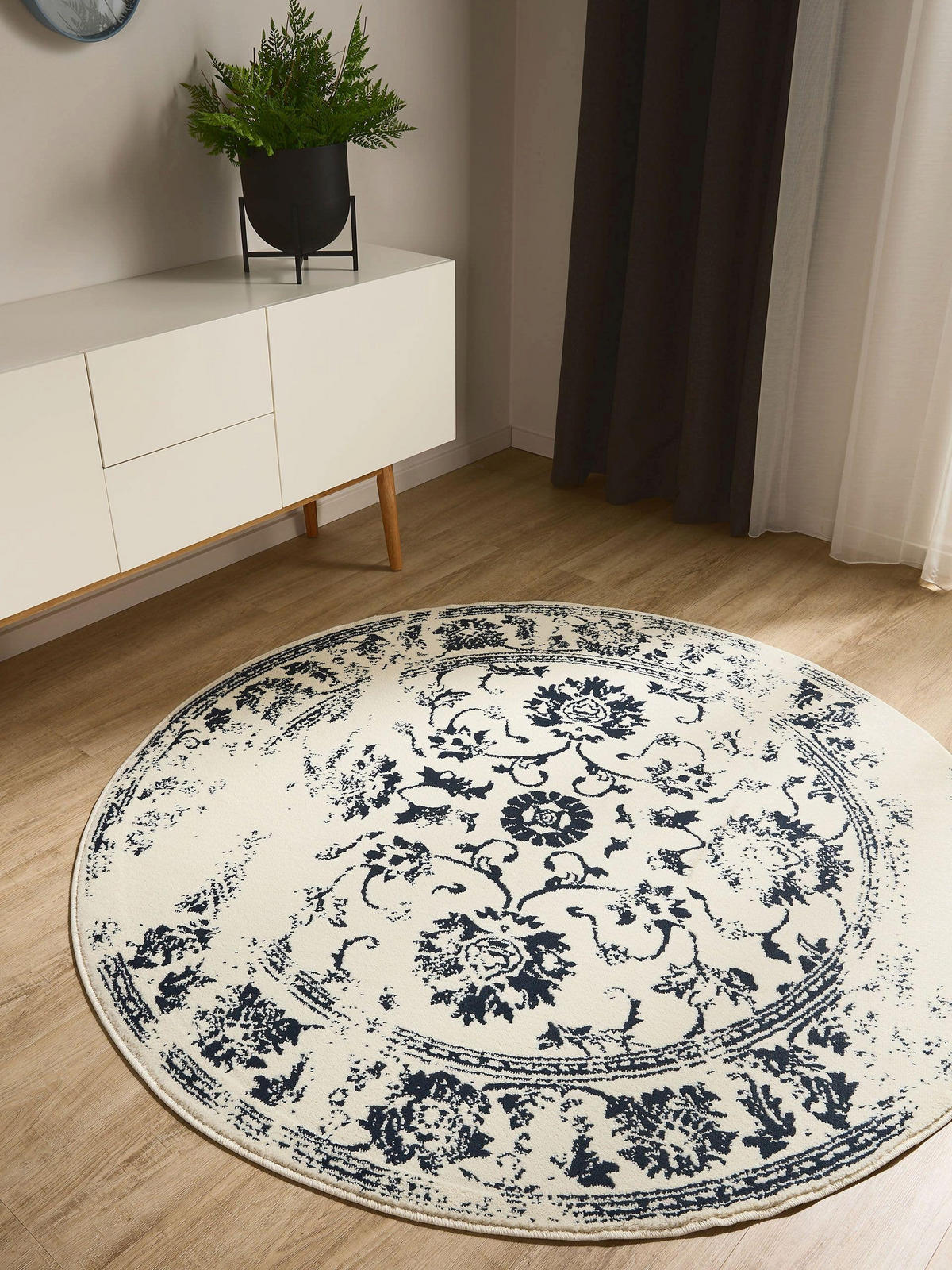 VINTAGE-TEPPICH Suki ø 160 cm rund - Blau/Creme, Kunststoff (160/160cm) - benuta
