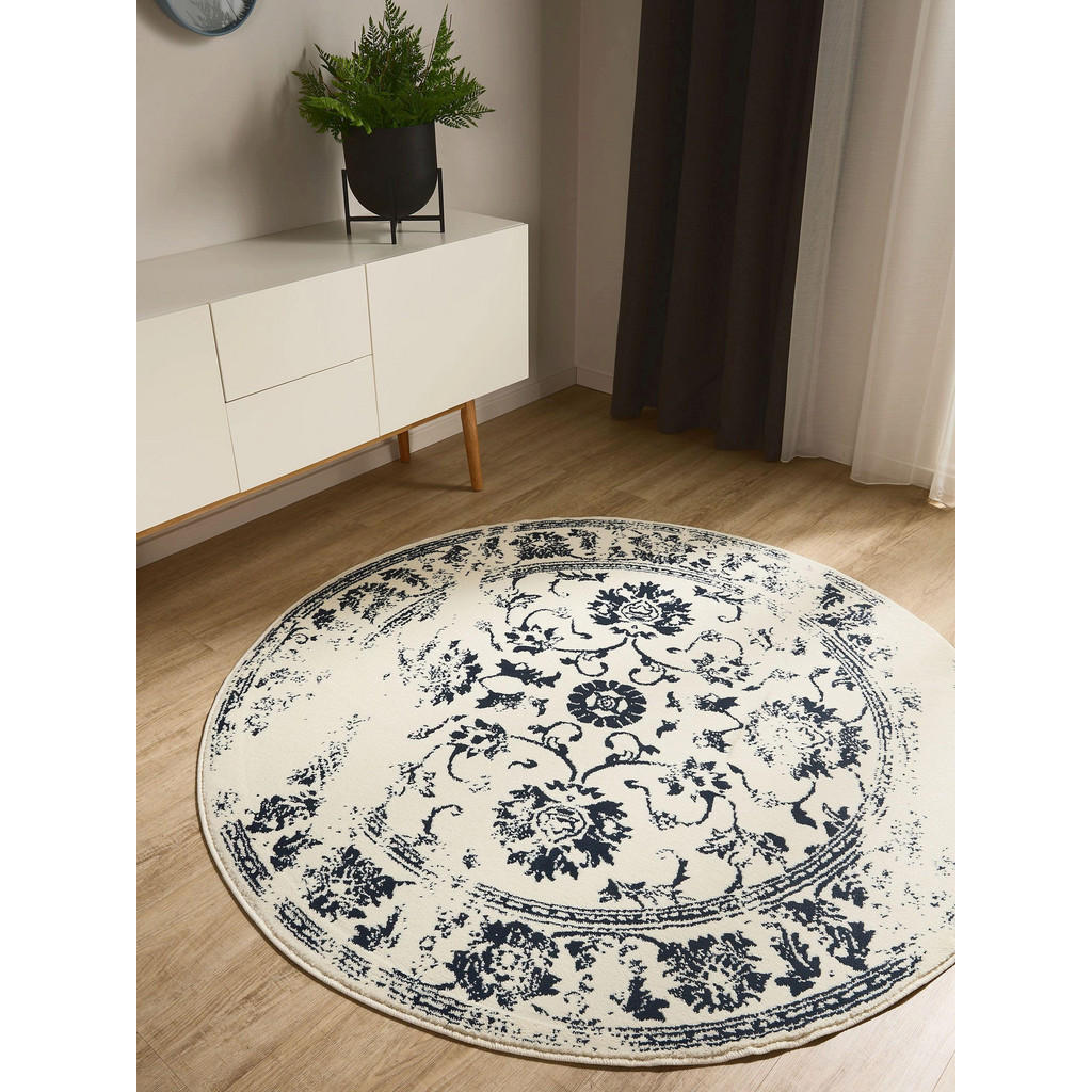 Thumbnail - benuta Vintage-Teppich, Creme, Blau, Kunststoff, Vintage, Rund, 160x160 cm, Oeko-Tex® Standard 100, für Fußbodenheizung ...