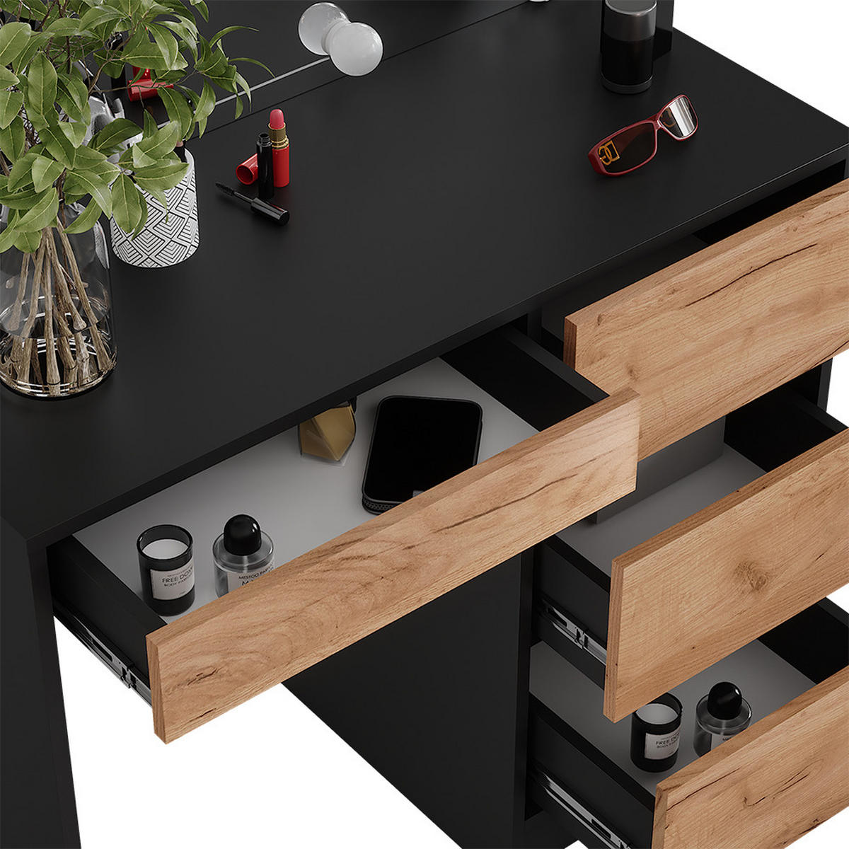 SCHMINKTISCH Sherry Anthrazit/Goldkraft Eiche 90 x 75 cm mit Spiegel & LED-Beleuchtung - Honigeiche/Anthrazit, Holzwerkstoff (90/75/40cm) - Vicco