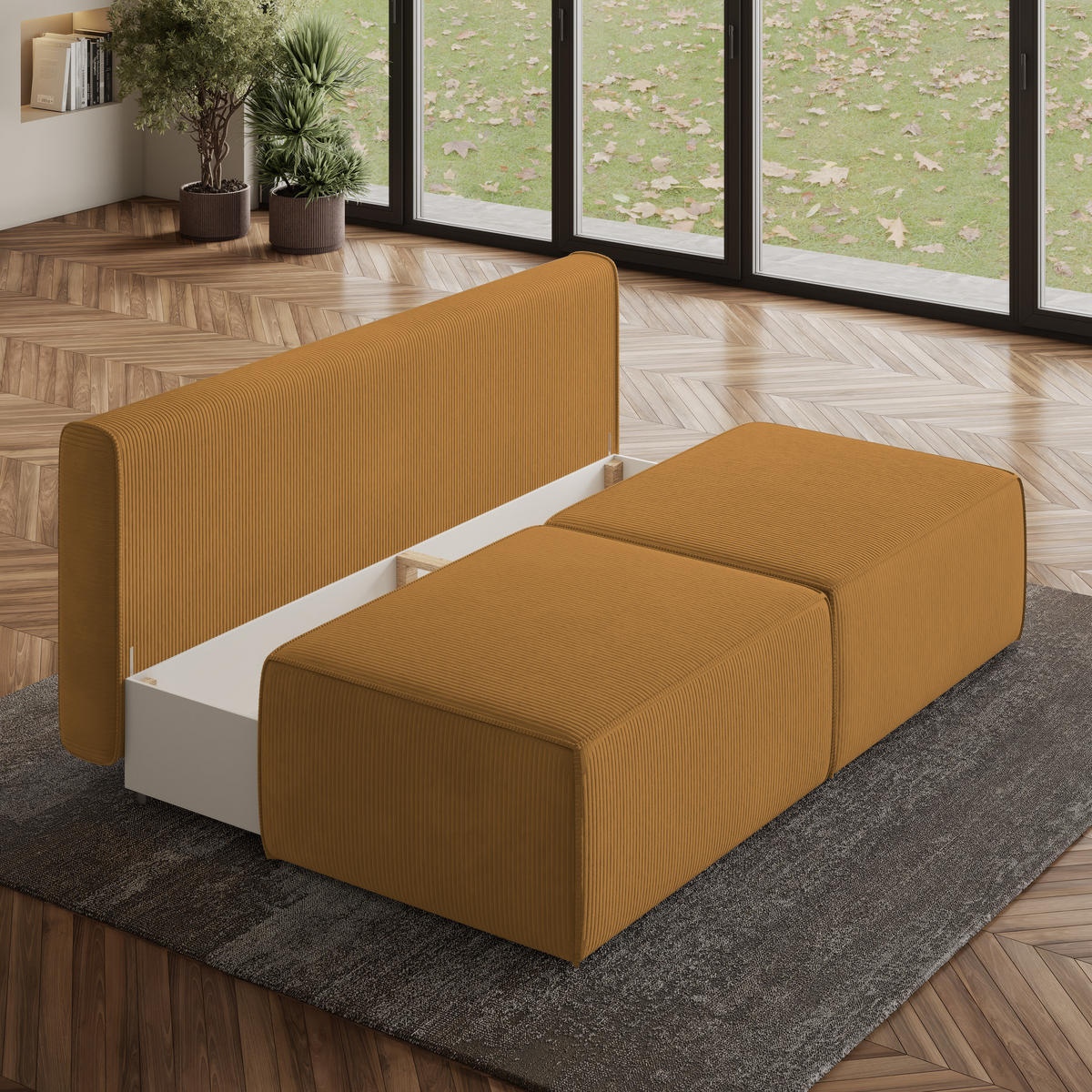 ECKSOFA VARNA P Gelb Kordstoff mit Schlaffunktion - Gelb, Holz (196/158cm) - MASSENO