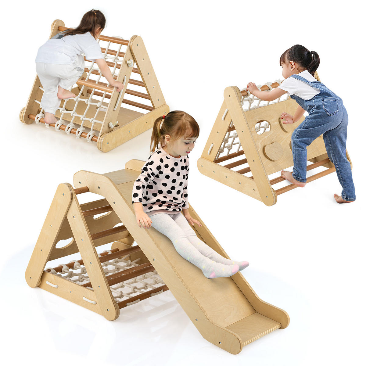 KLÄTTERDREIECK 4 i 1 trä - Naturfärgad, Trä (64/58/63cm) - COSTWAY