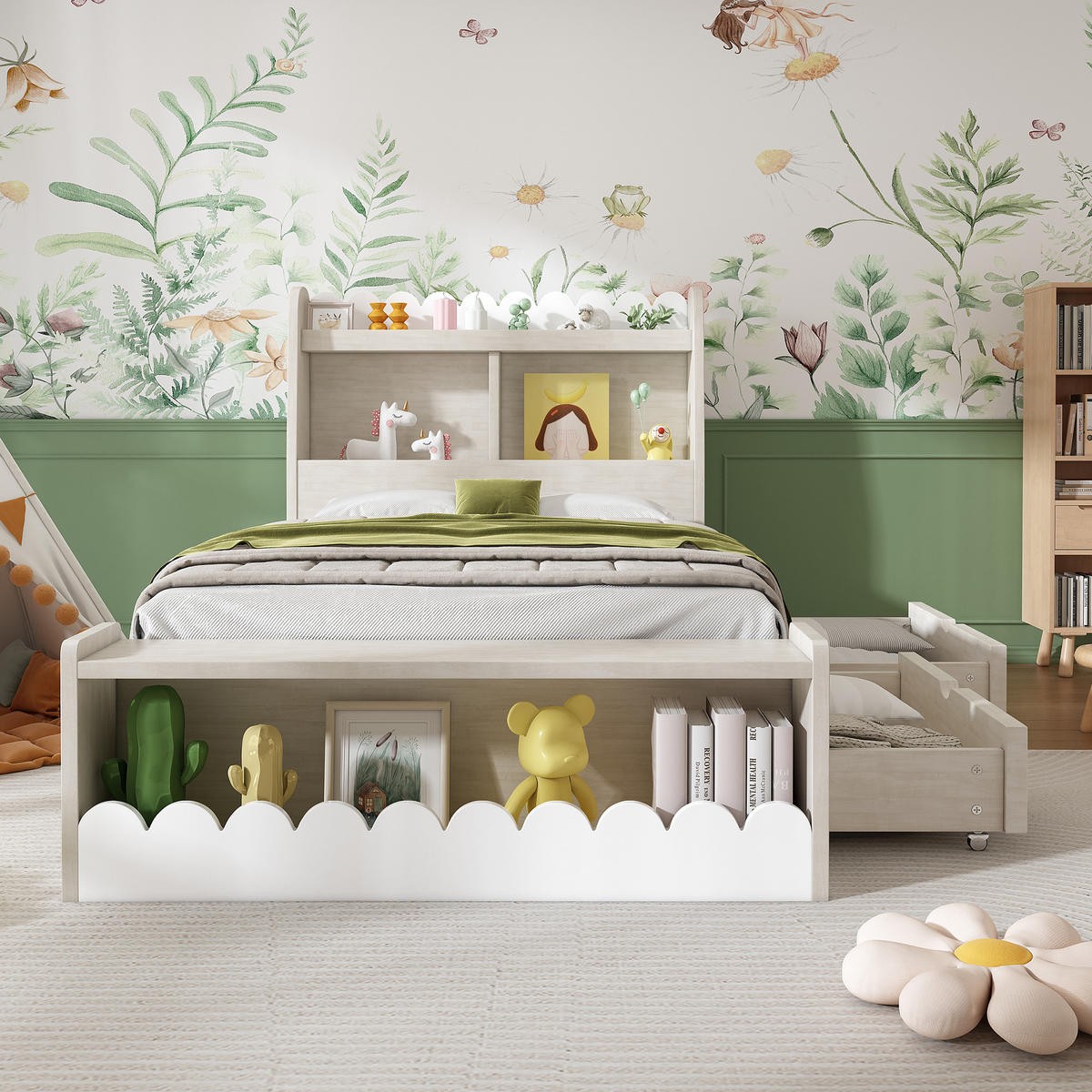 KINDERBETT 90/200 cm in Weiß & Eichefarben mit 2 Schubladen, Regal und Sitzbank - Weiß, Holz/Holzwerkstoff (90/200cm) - WISHDOR