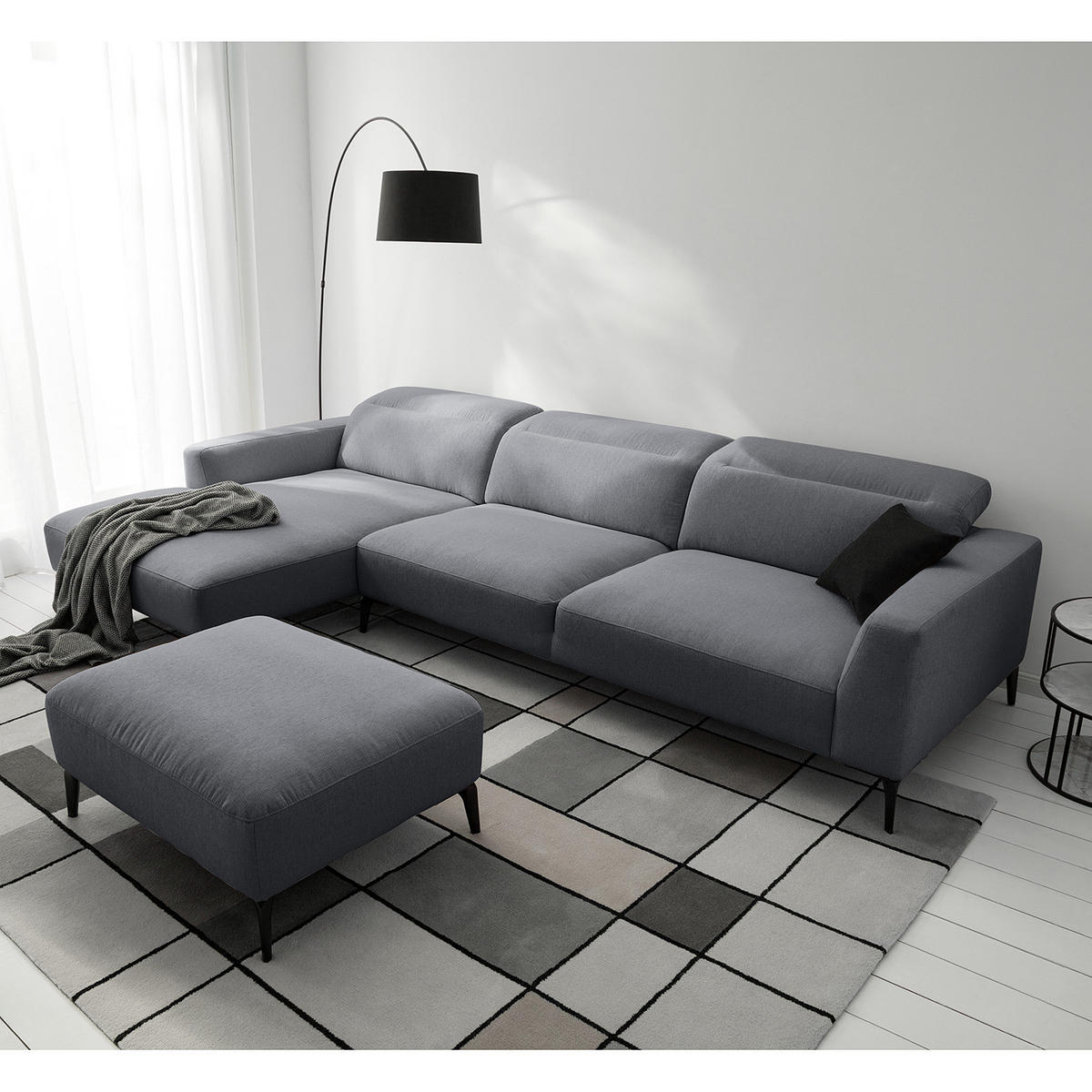 ECKSOFA mit Longchair - Schwarz/Grau, Textil/Metall (328/180cm) - home24