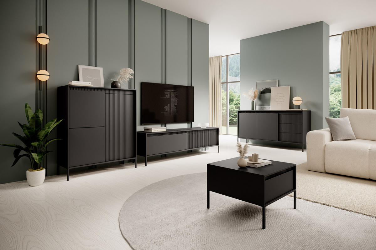 SIDEBOARD Trentinis 2T 3S Schwarz 153,5/81,4/39,5 cm – Geriffelten Fronten - Schwarz, Holzwerkstoff/Metall (153.5/81.4/39.5cm) - AX Living
