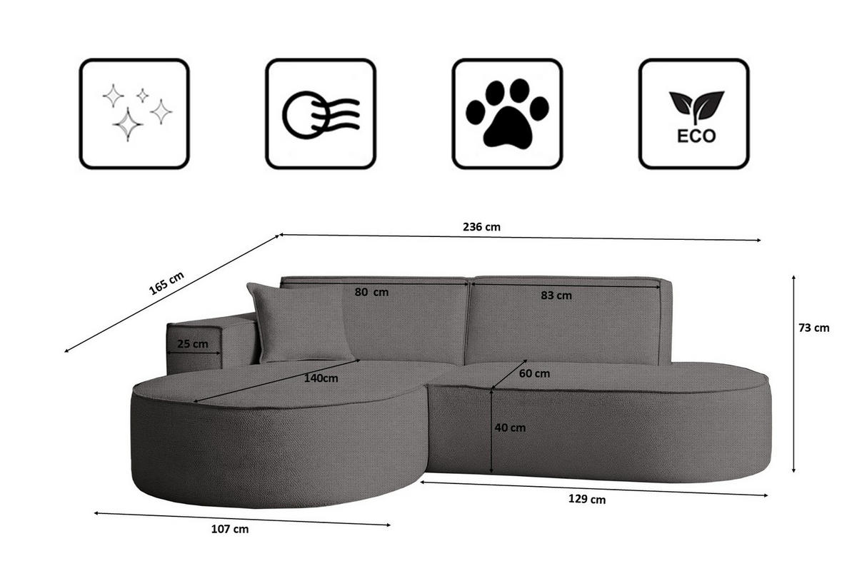 ECKSOFA Modena Studio Stoff Artico, Anthrazit Links - Anthrazit, Holz/Textil (165/236cm) - Kaiser Möbel