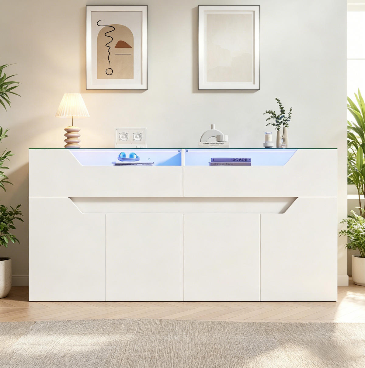 SIDEBOARD 140/40/70 cm weiß aus MDF mit Glasplatte und LED - Weiß, Holzwerkstoff (140/70/40cm) - OKWISH