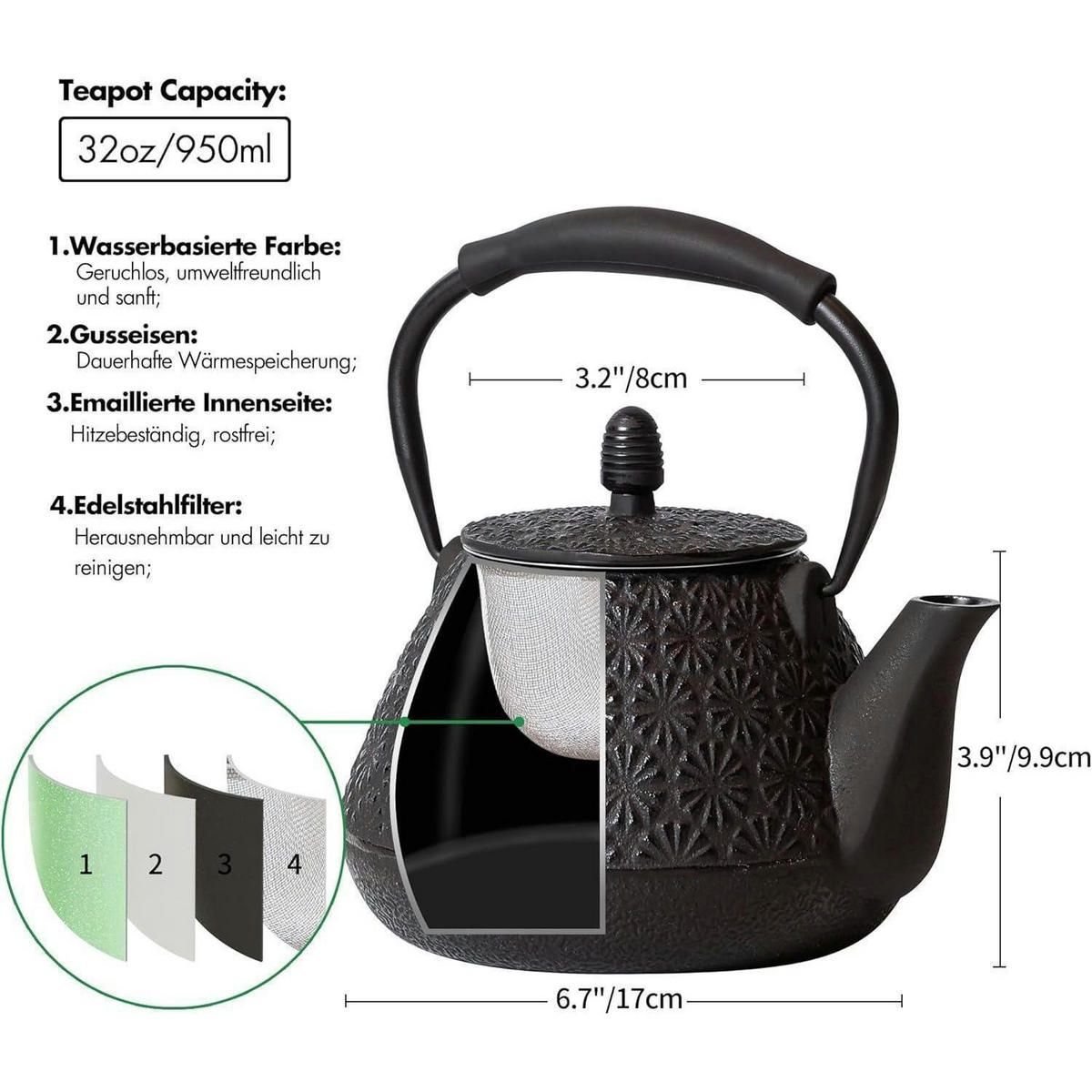 TEEKANNE Gusseisen 950ml Japanisches Kirschblütenmuster Herdtauglich Schwarz - Schwarz, Metall (17/8cm)