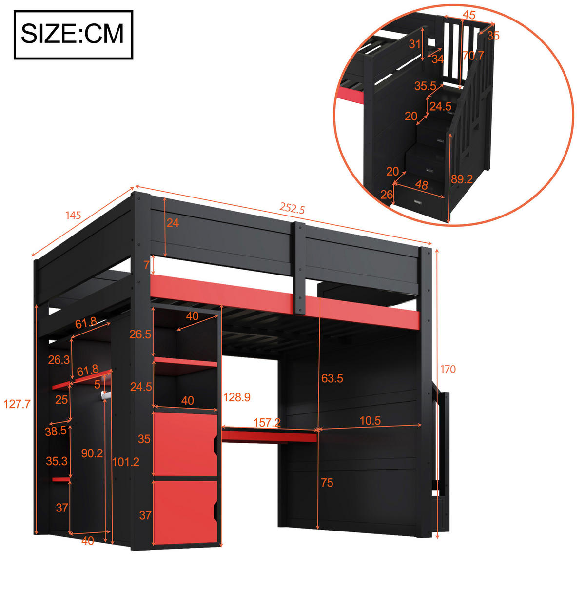 HOCHBETT 140/200 cm Schwarz/Rot aus MDF und Sperrholz mit Schreibtisch und Stauraum - Schwarz, Holzwerkstoff (140/200cm) - OKMYHOME