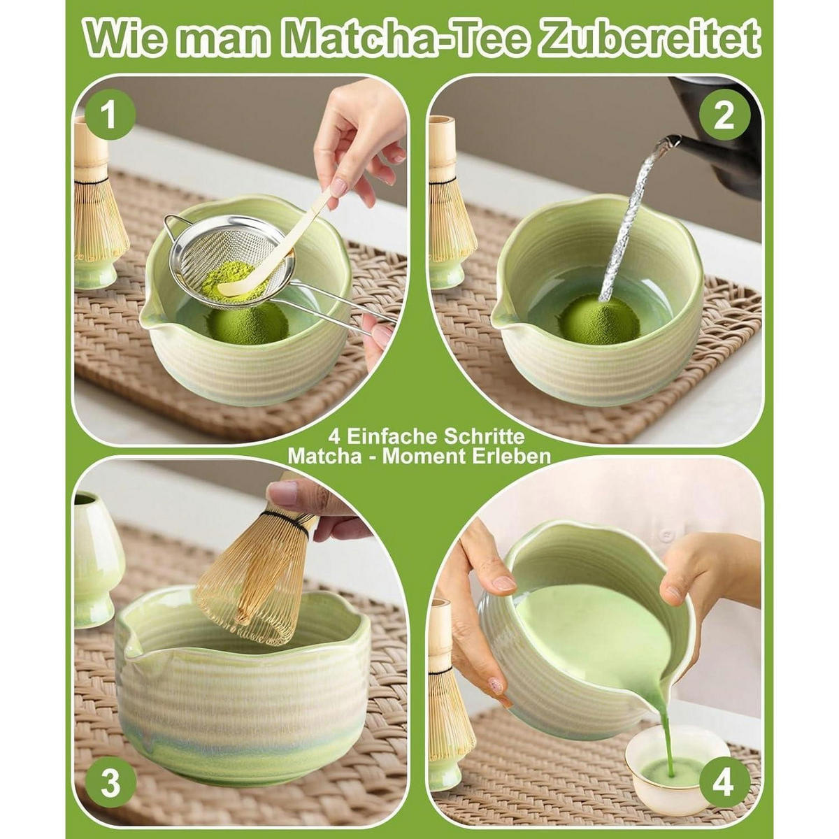 MATCHA Set 7-teiliges Set Keramikschale Bambusbesen Sieb Löffel - Multicolor, Keramik (15/10/15cm)