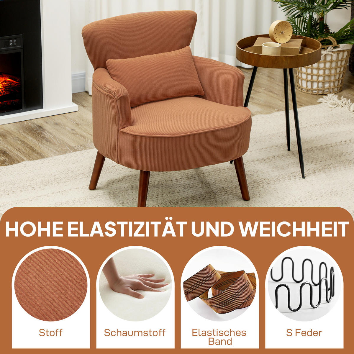 SESSEL mit Rückenlehne, abgerundeten Armlehnen Gepolstert Loungesessel Kordoptik - Orange/Braun, Textil (69/78/69.5cm) - HOMCOM