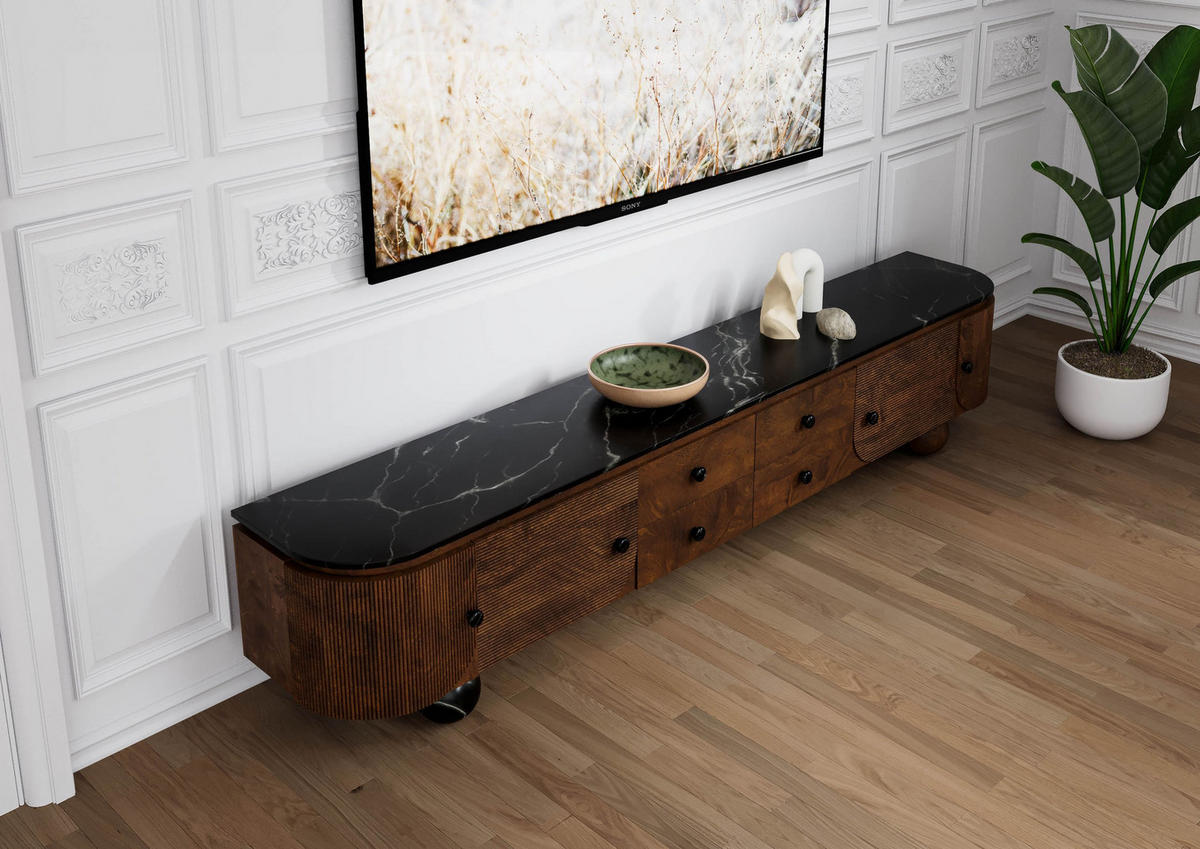 TV-BOARD Mango 240x40x50 dunkelbraun lackiert / Marmor schwarz FLORENZ #203 - Dunkelbraun, Holz (240/50/40cm) - Massivmoebel24