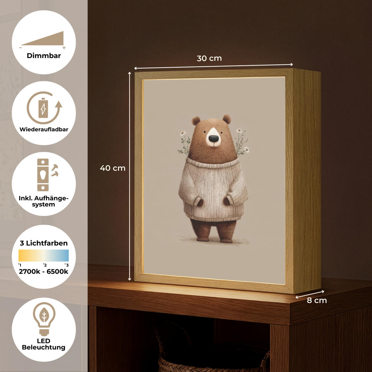 NÁSTĚNNÁ LAMPA S AKUMULÁTOREM Medvěd - Bílé květy - Cosy 30x40 cm - šedohnědá, kompozitní dřevo (30/40/8cm) - OnlyWow
