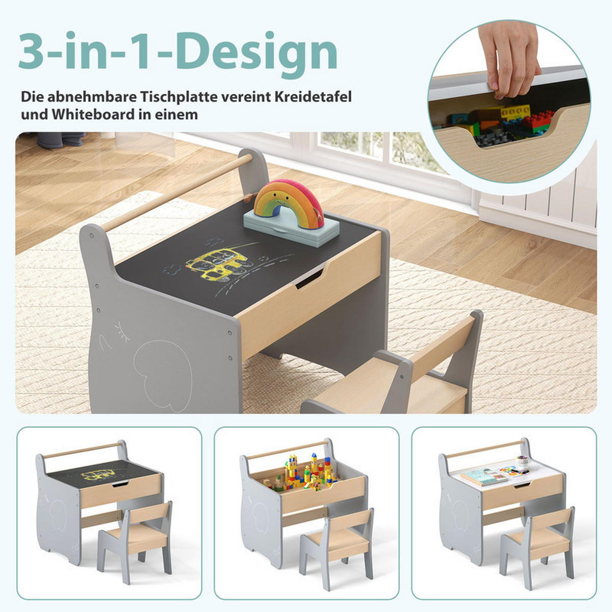 KINDERTISCH mit Stuhl grau(2-tlg) - Grau, Holzwerkstoff (61.5/59/47cm) - COSTWAY