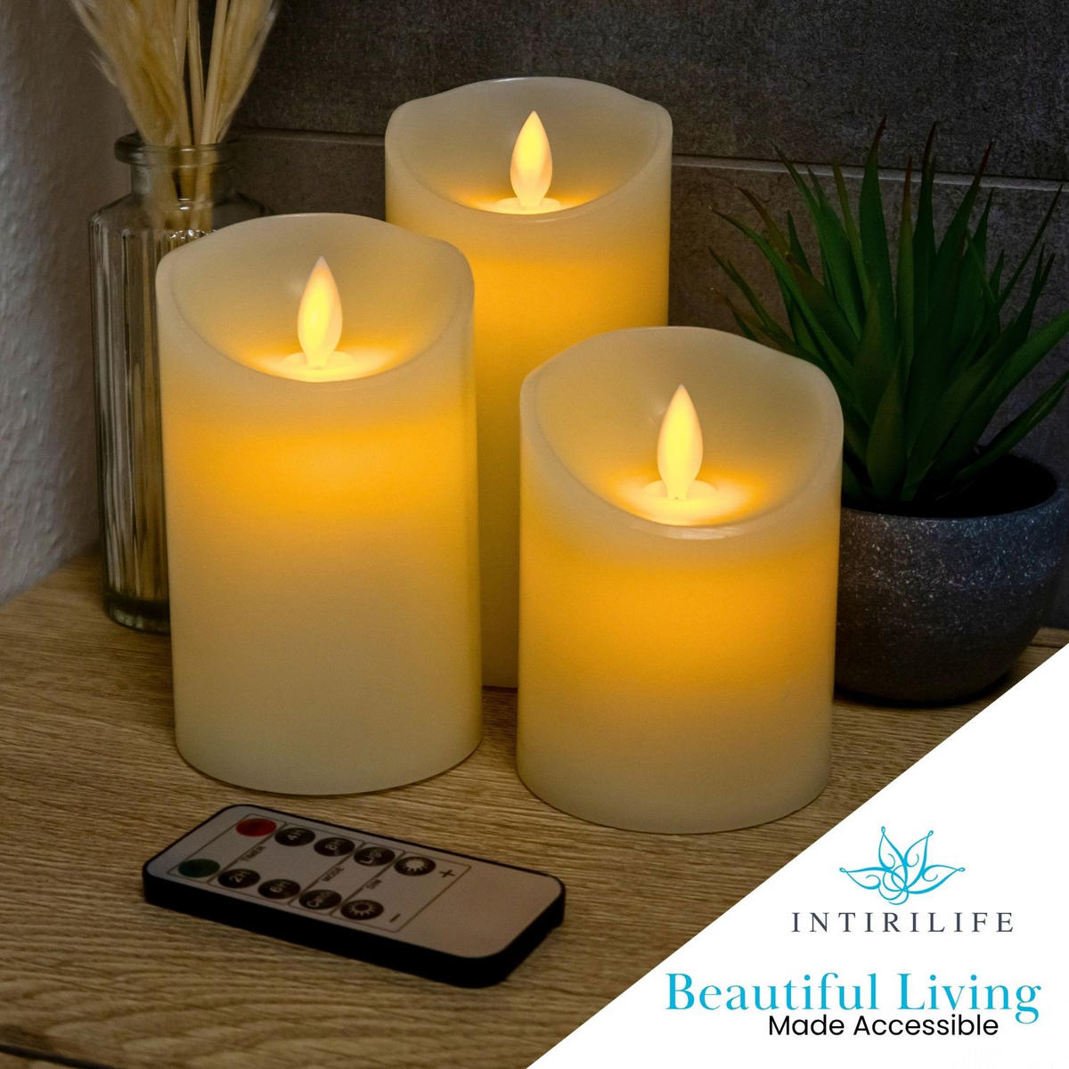 LED KERZEN (3er-Set) - Weiß, Naturmaterialien (8/8/15cm) - Intirilife