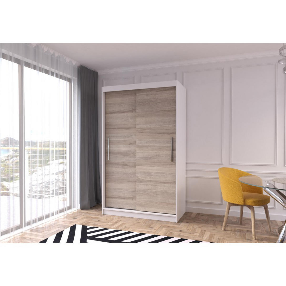 SCHWEBETÜRENSCHRANK Neomi 04 ohne Spiegel Weiß/Sonoma Eiche 120 cm - Alufarben/Weiß, Holzwerkstoff/Kunststoff (120/200/61cm) - imoebel24