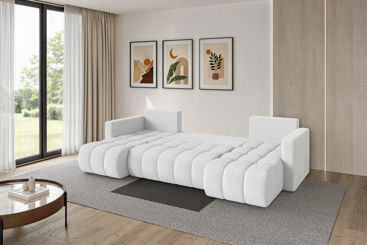 SEDACÍ SOUPRAVA DO U s funkcí spaní a úložným prostorem GARD-U 300x146x85 bílá bouclé - bílá/černá, kompozitní dřevo/textil (300/85/146cm) - ALTDECOR