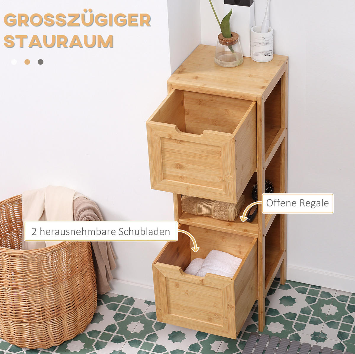 BADEZIMMERSCHRANK 30x30x90 cm Natur aus Bambus mit Kippsicherung & Schubladen - Naturfarben, Naturmaterialen (30/90/30cm) - Modfu