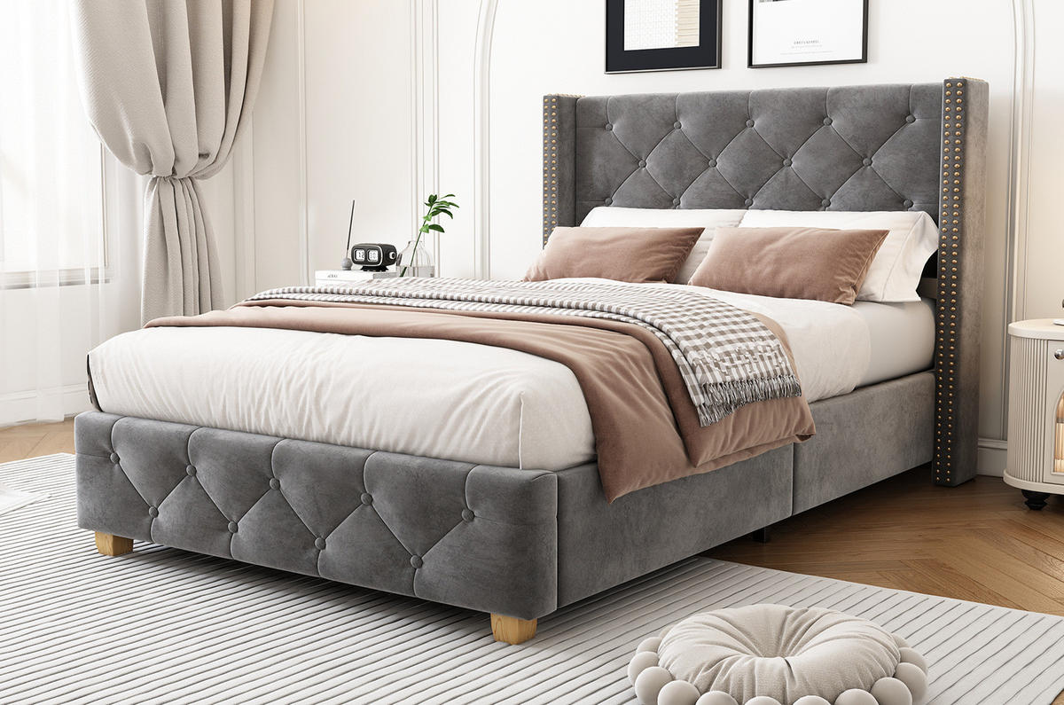 BETT 90x200 cm Samt Grey mit Lattenrost - Grau, Metall (90/200cm) - Meubliv